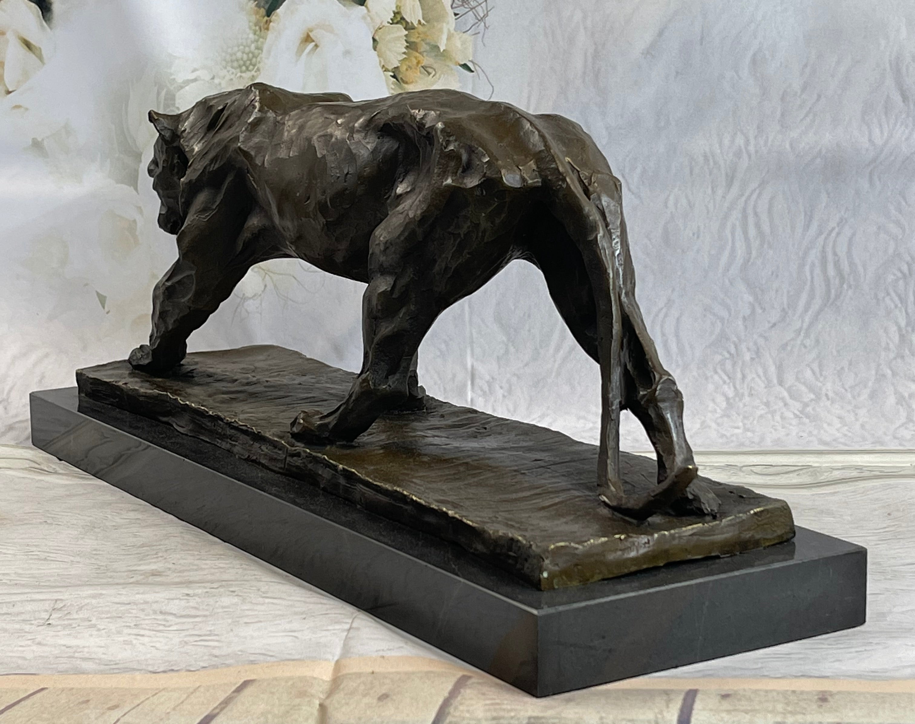 African Lioness Wildlife Animal Bronze Statue Marble Figure Art Decor