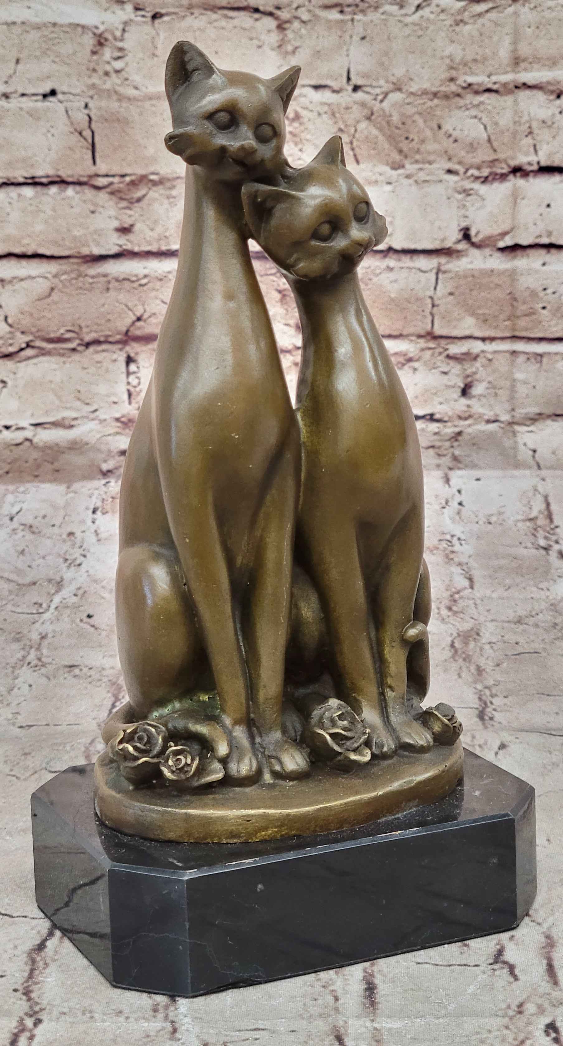 Pair of Slender Siamese Cats Kittens Bronze Statue Sculpture Figure 9" x 5"