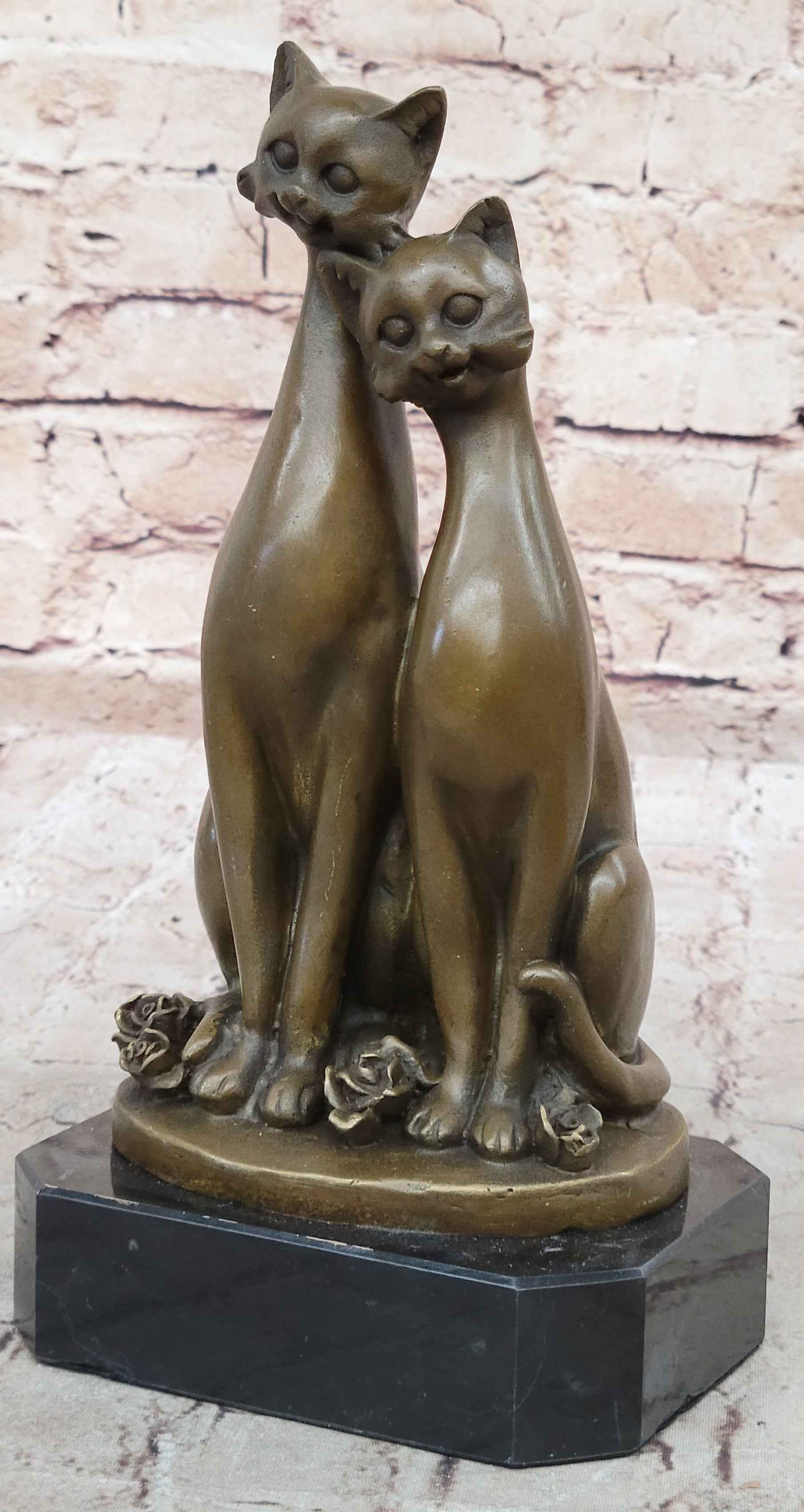 Pair of Slender Siamese Cats Kittens Bronze Statue Sculpture Figure 9" x 5"