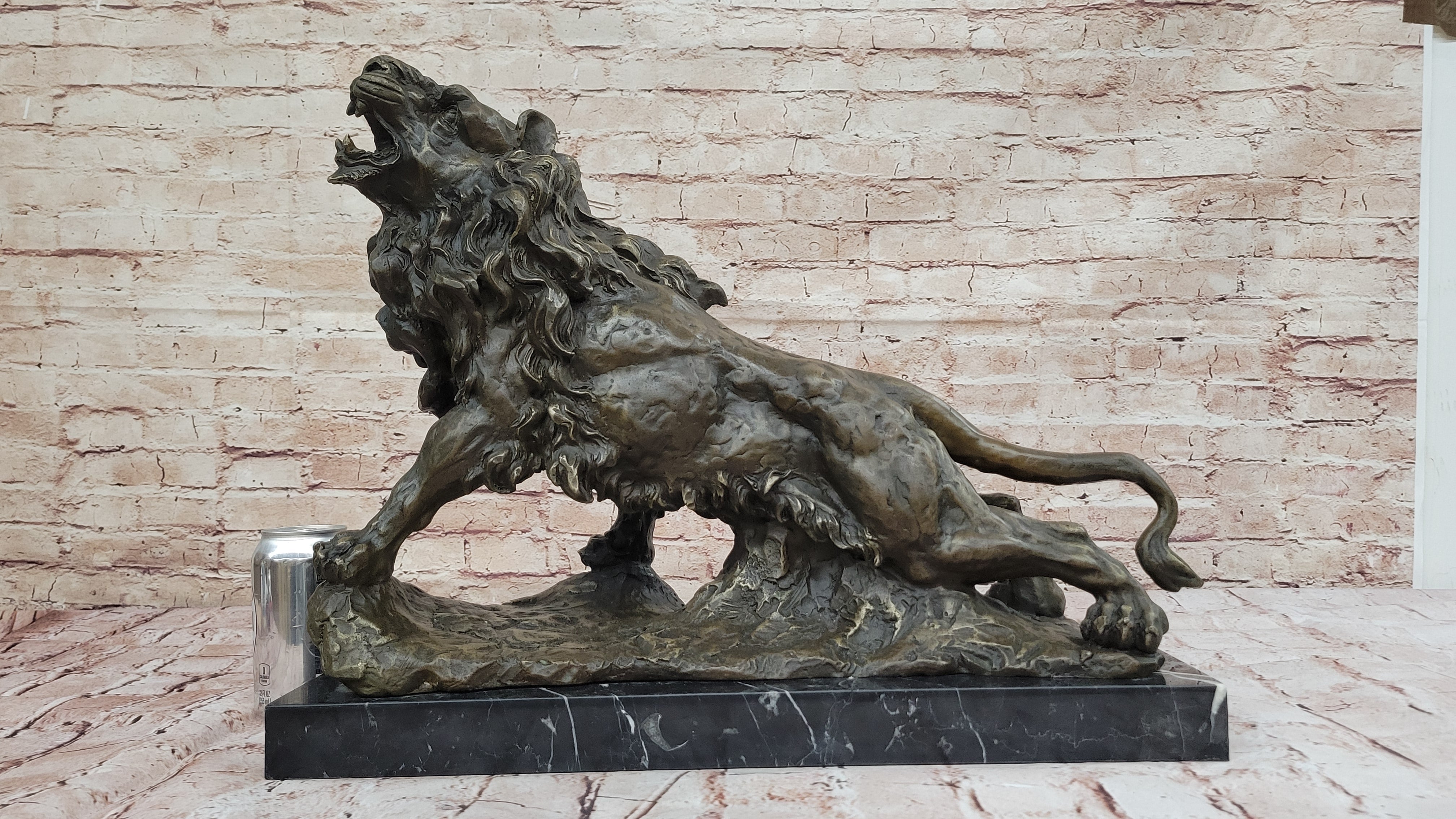Majestic Bronze Lion in Roaring Pose; Dynamic Wildlife Sculpture on Marble Base