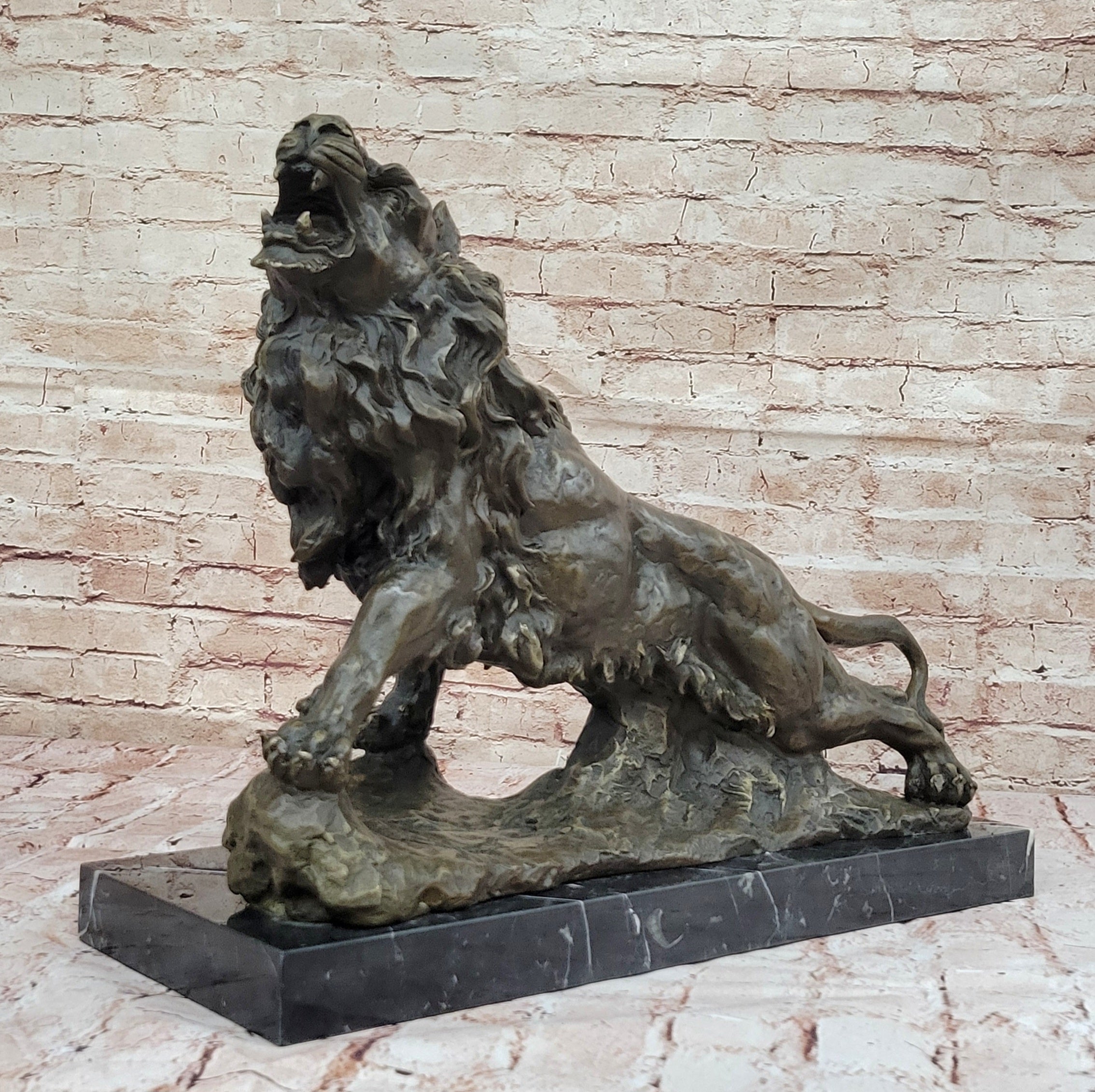Majestic Bronze Lion in Roaring Pose; Dynamic Wildlife Sculpture on Marble Base