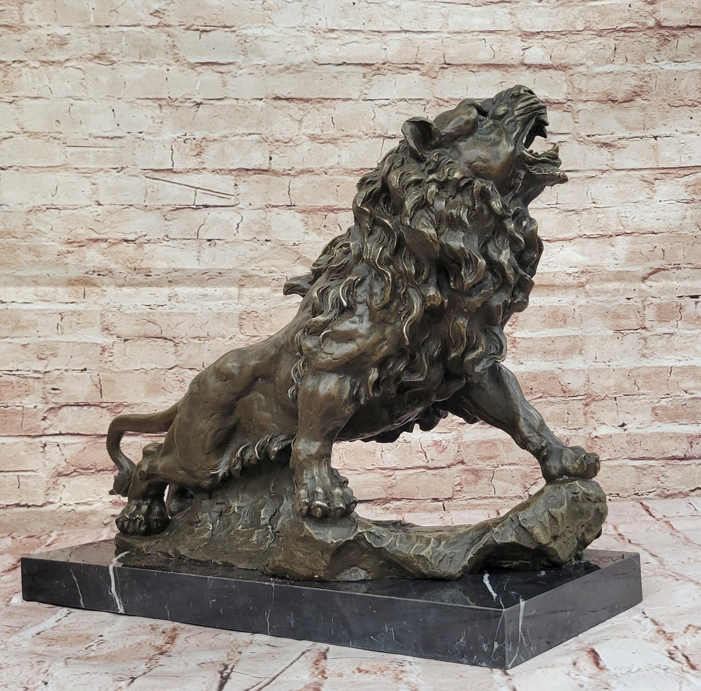 Majestic Bronze Lion in Roaring Pose; Dynamic Wildlife Sculpture on Marble Base