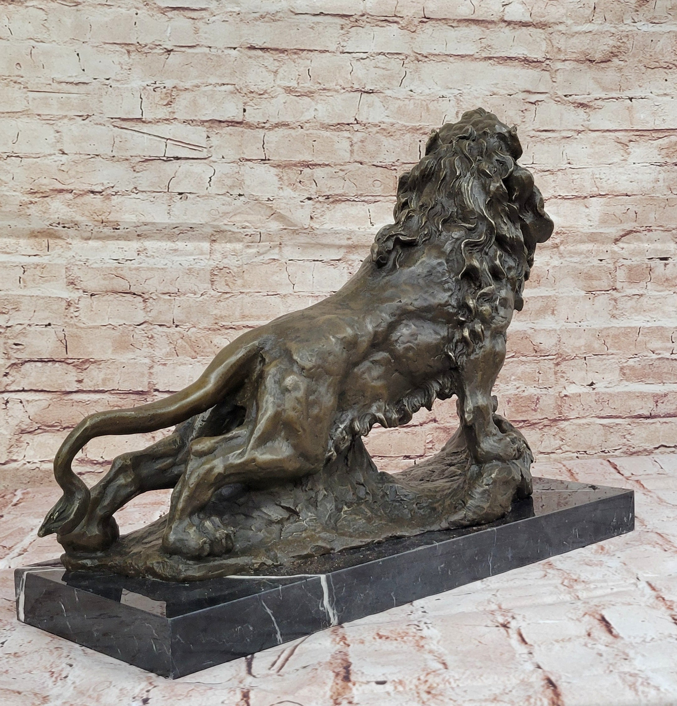 Majestic Bronze Lion in Roaring Pose; Dynamic Wildlife Sculpture on Marble Base