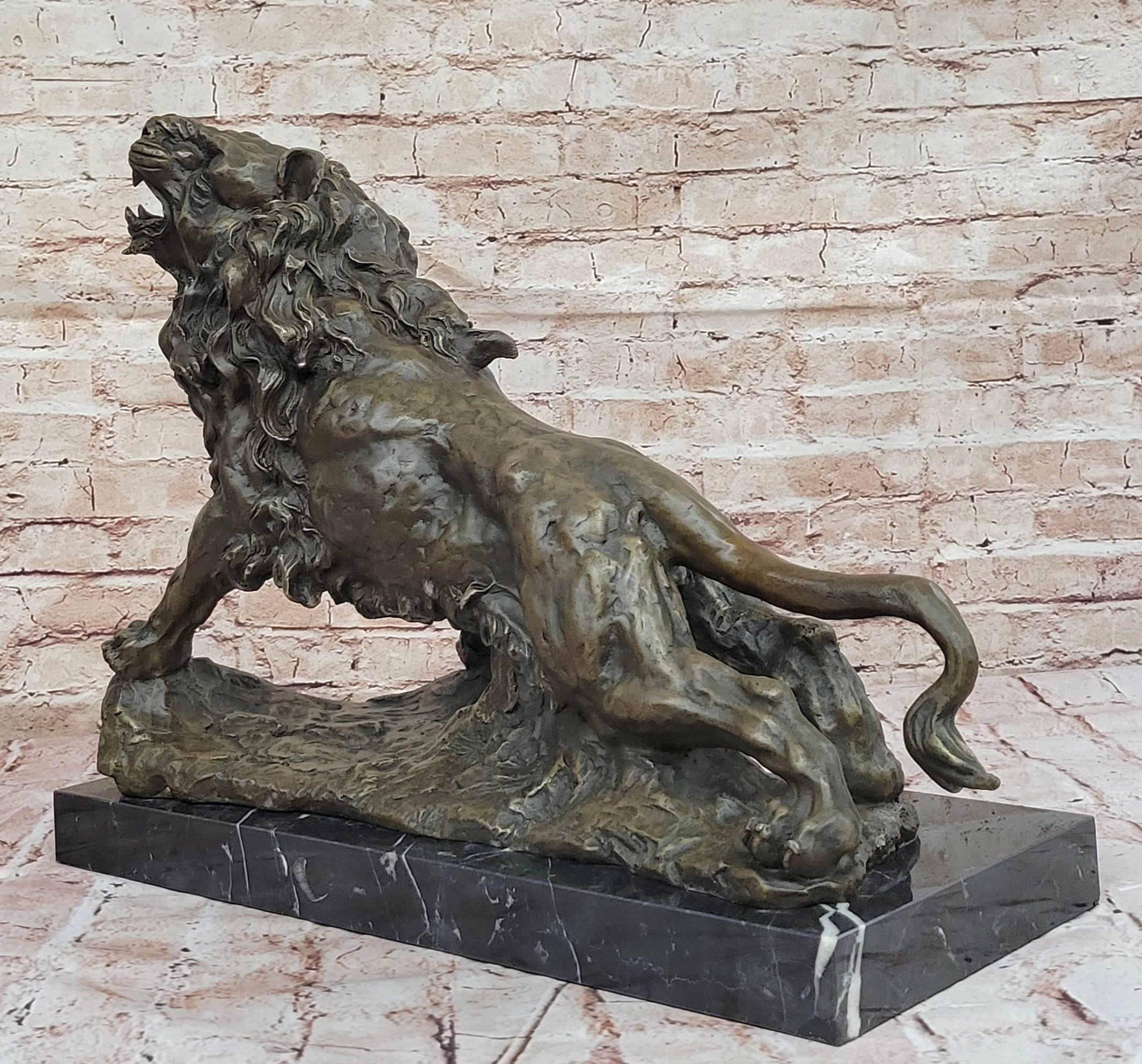 Majestic Bronze Lion in Roaring Pose; Dynamic Wildlife Sculpture on Marble Base