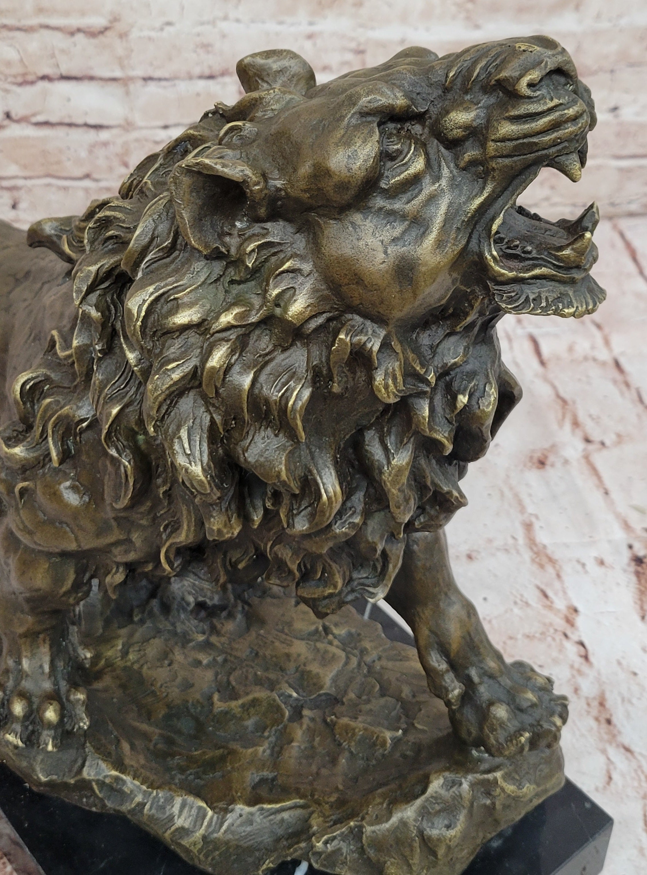 Majestic Bronze Lion in Roaring Pose; Dynamic Wildlife Sculpture on Marble Base