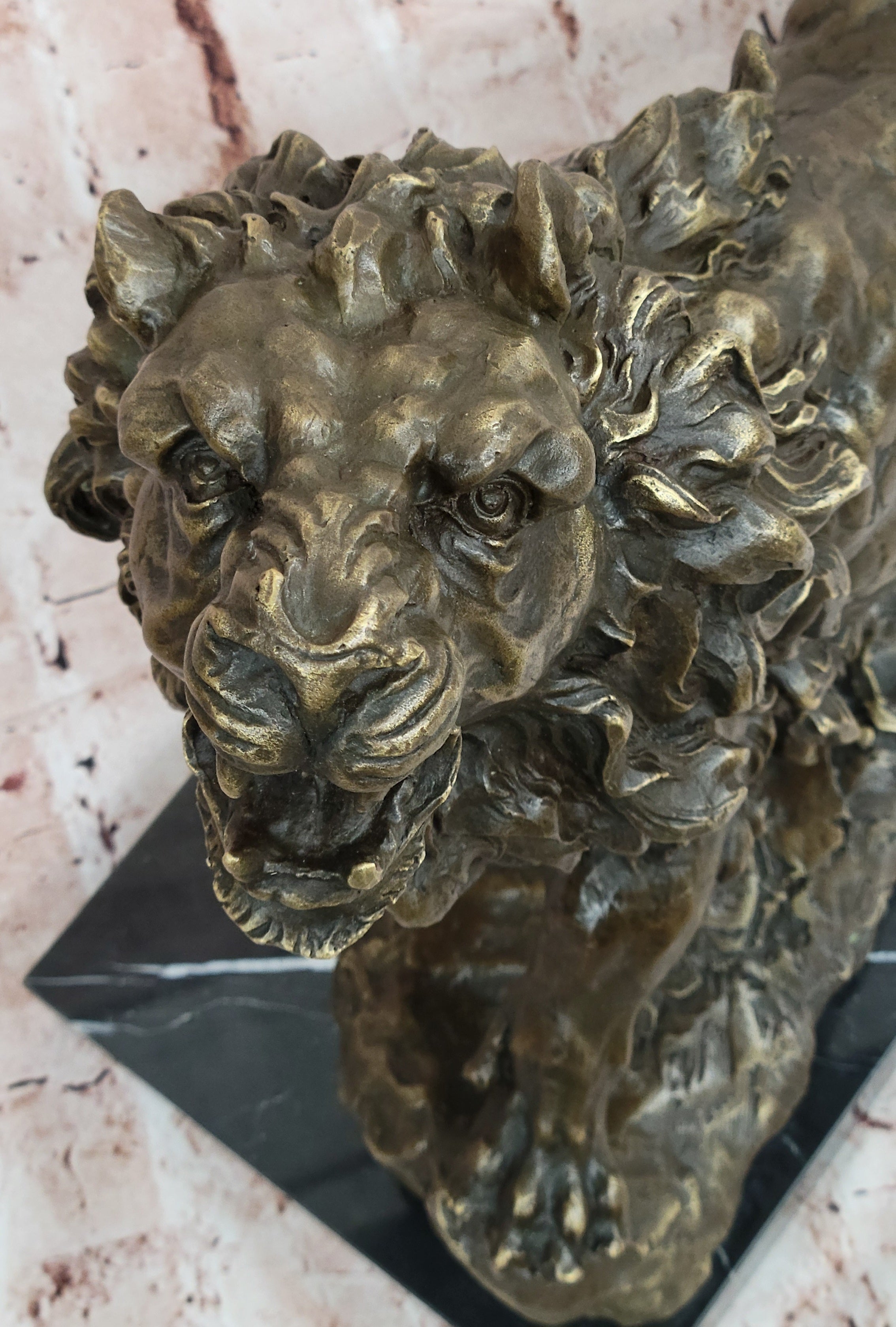 Majestic Bronze Lion in Roaring Pose; Dynamic Wildlife Sculpture on Marble Base