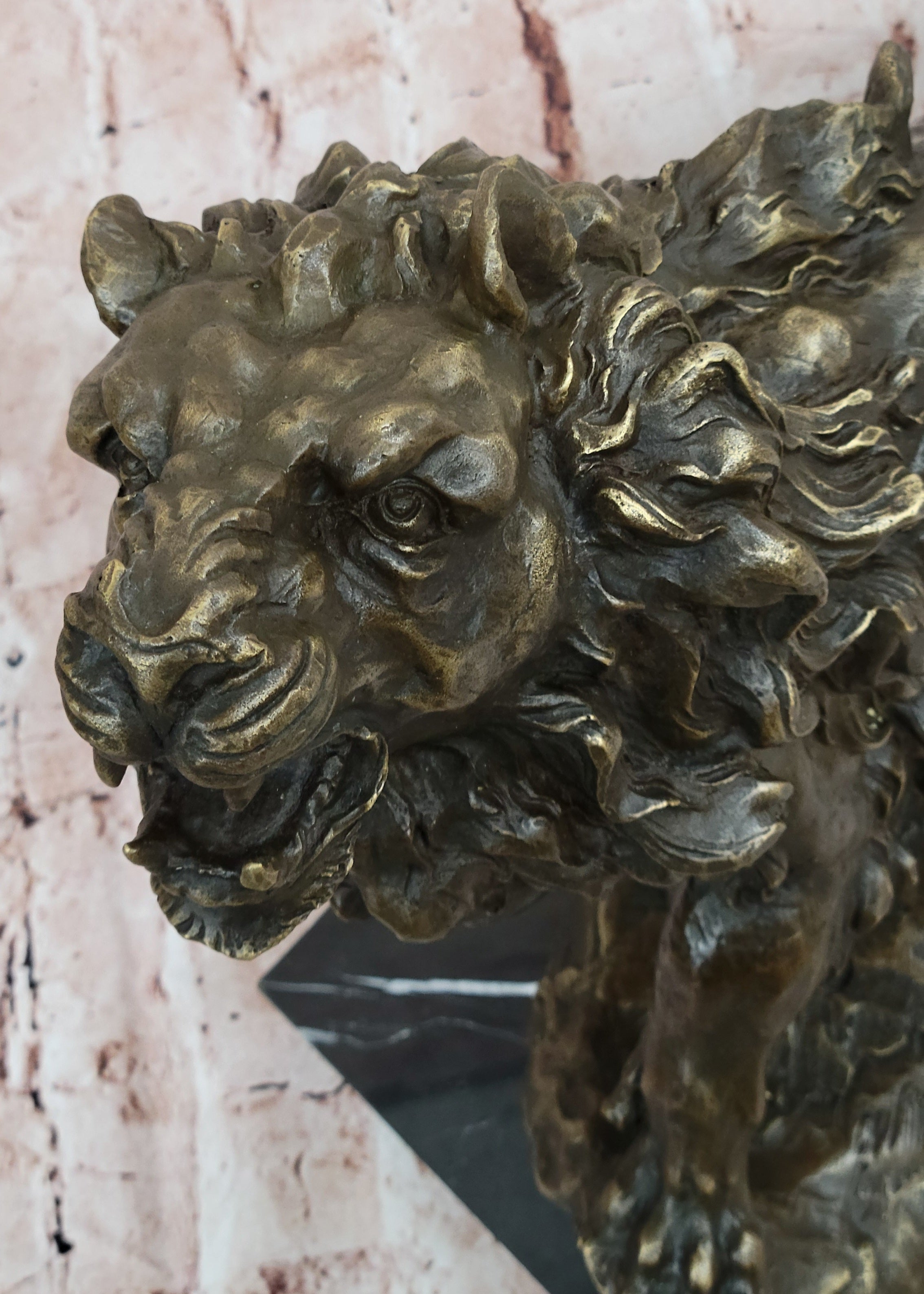 Majestic Bronze Lion in Roaring Pose; Dynamic Wildlife Sculpture on Marble Base