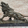 Majestic Bronze Lion in Roaring Pose; Dynamic Wildlife Sculpture on Marble Base