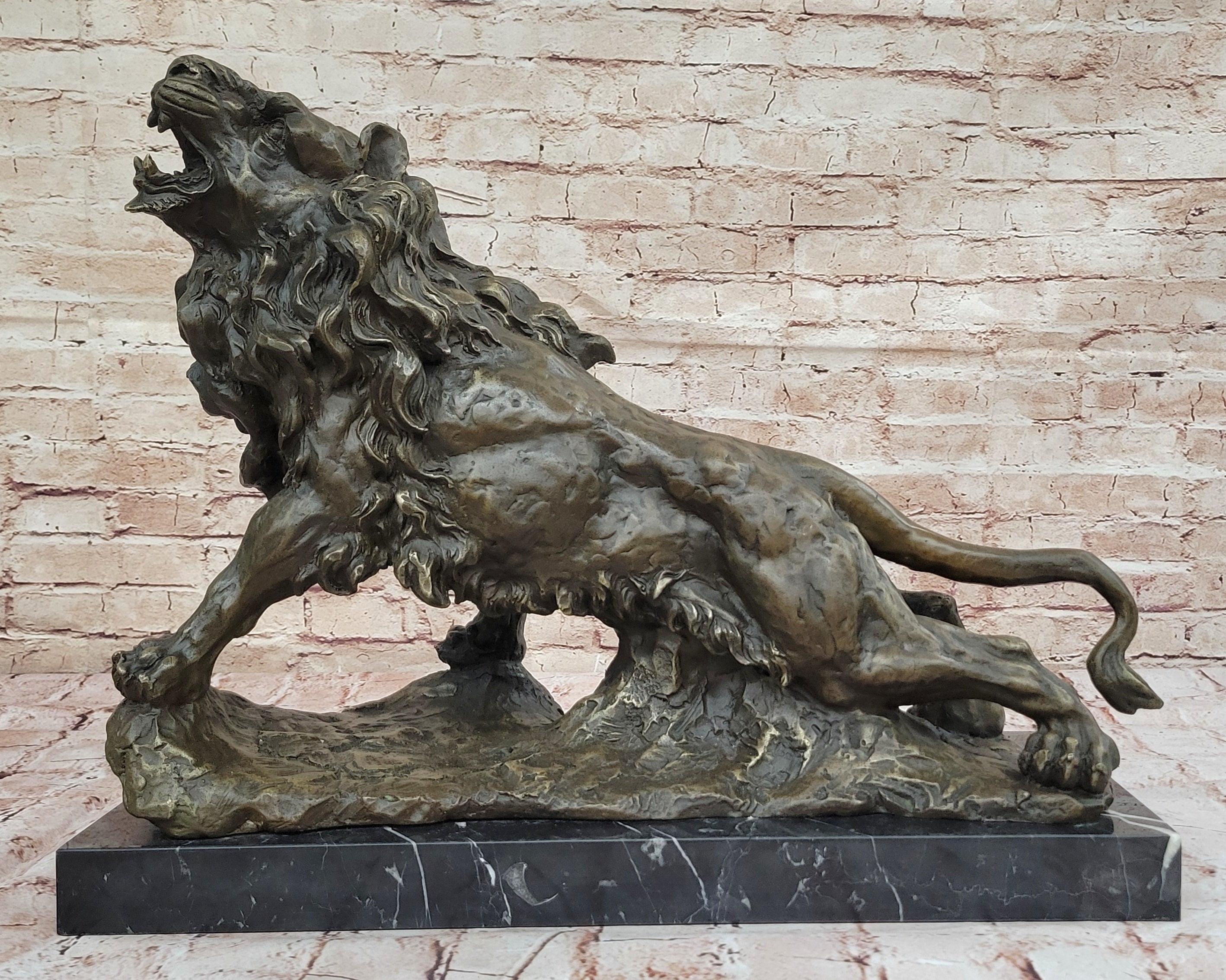 Majestic Bronze Lion in Roaring Pose; Dynamic Wildlife Sculpture on Marble Base