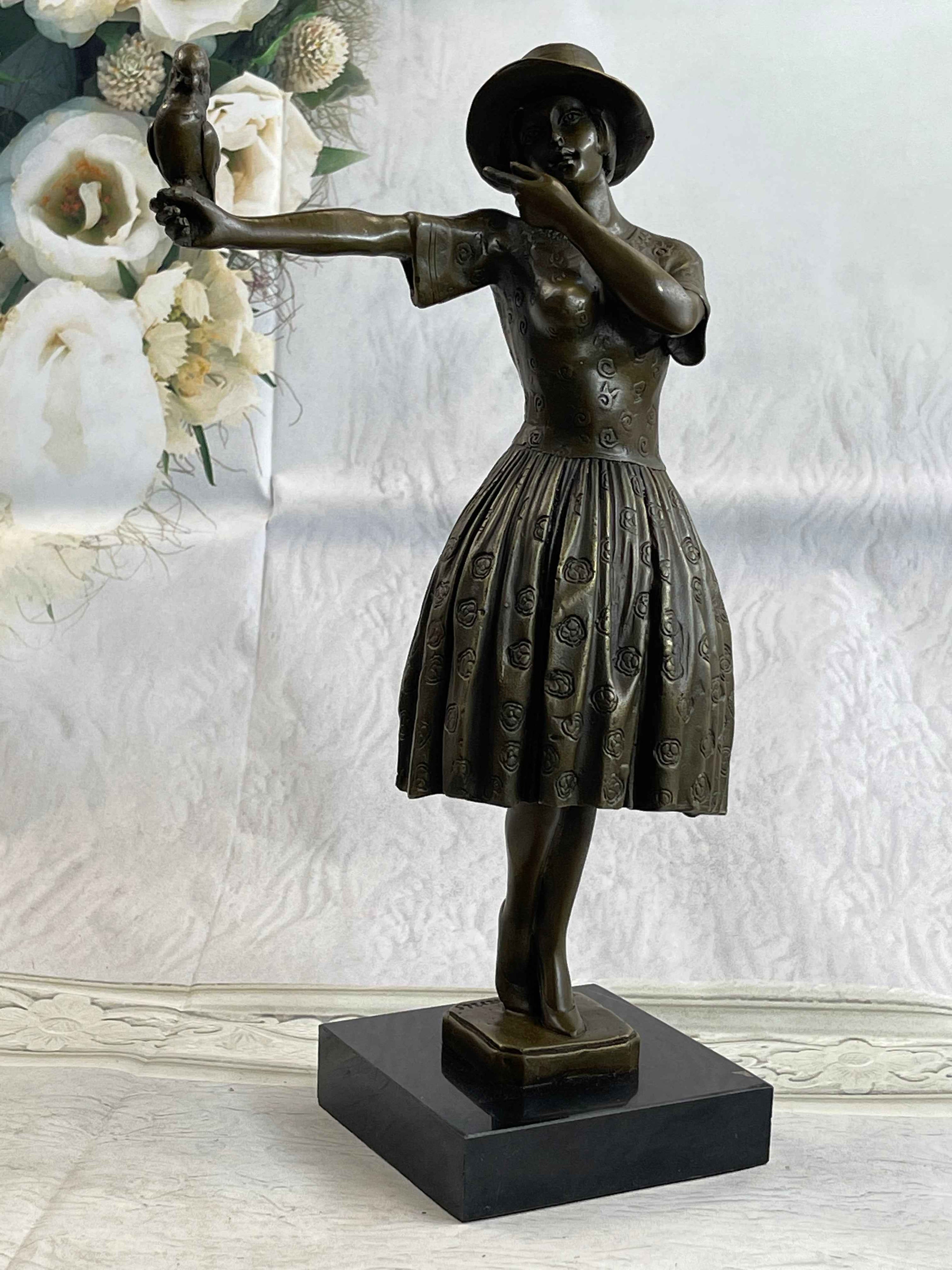 100% Solid Bronze Sculpture Lady with Bird Signed Real Art Hot Cast Figurine LRG