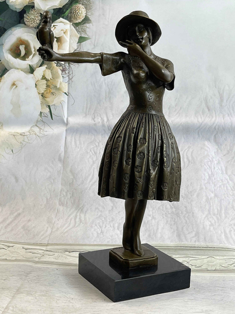 100% Solid Bronze Sculpture Lady with Bird Signed Real Art Hot Cast Figurine LRG