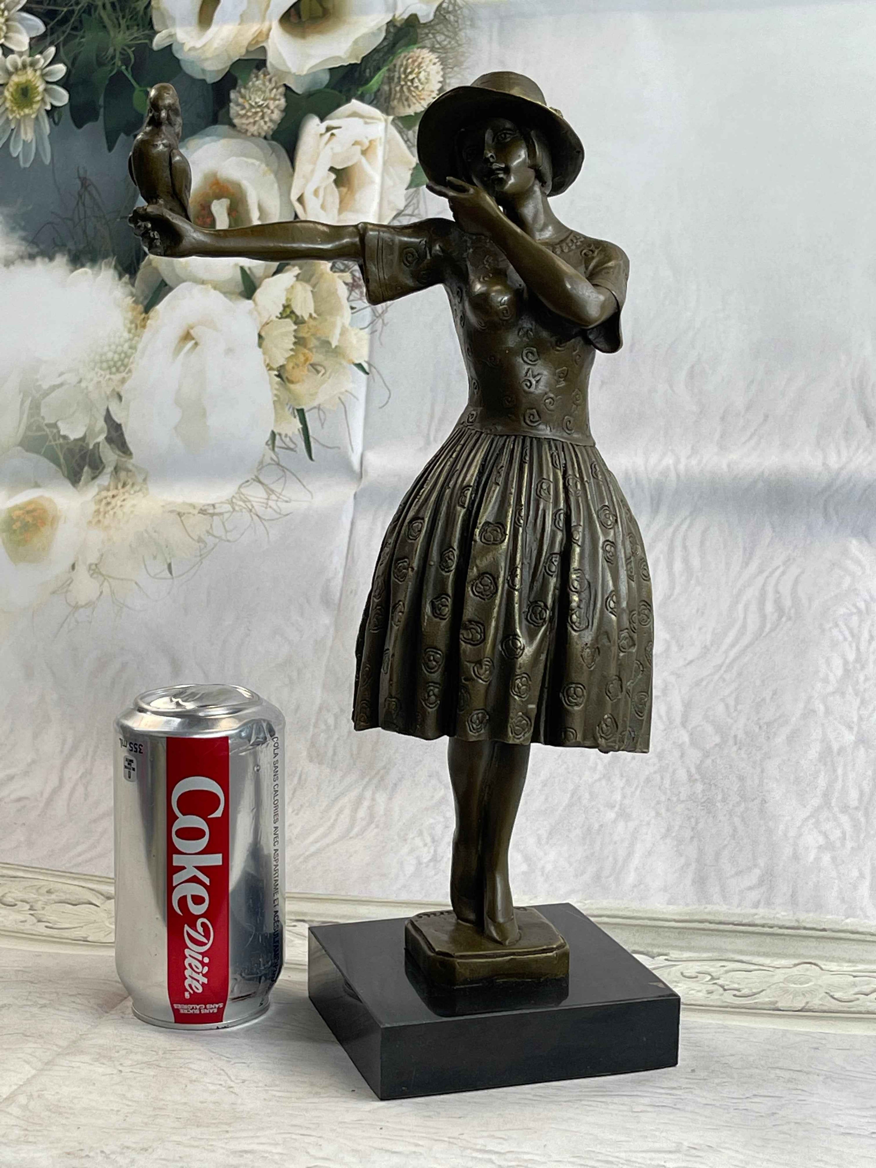 100% Solid Bronze Sculpture Lady with Bird Signed Real Art Hot Cast Figurine LRG