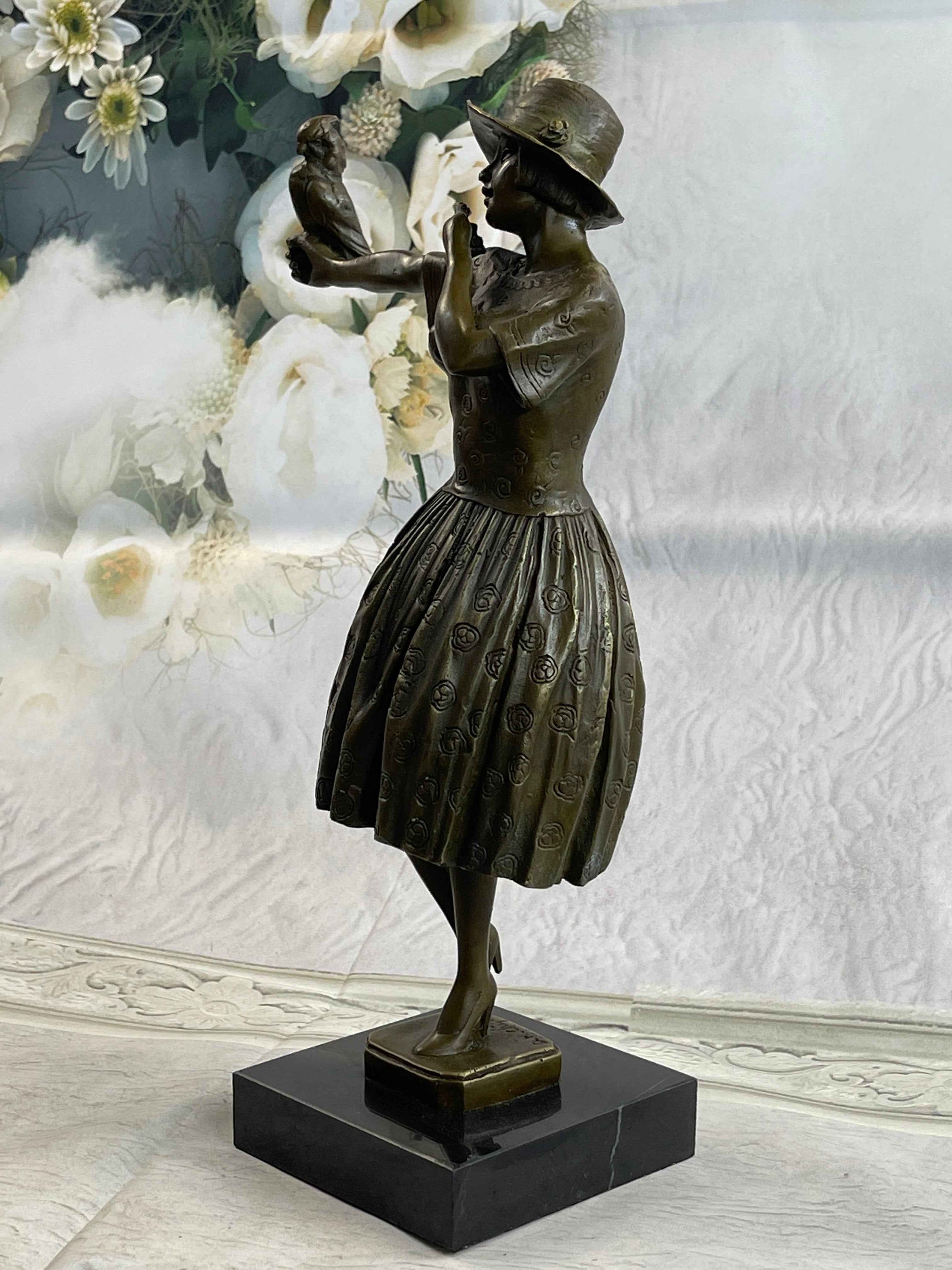 100% Solid Bronze Sculpture Lady with Bird Signed Real Art Hot Cast Figurine LRG