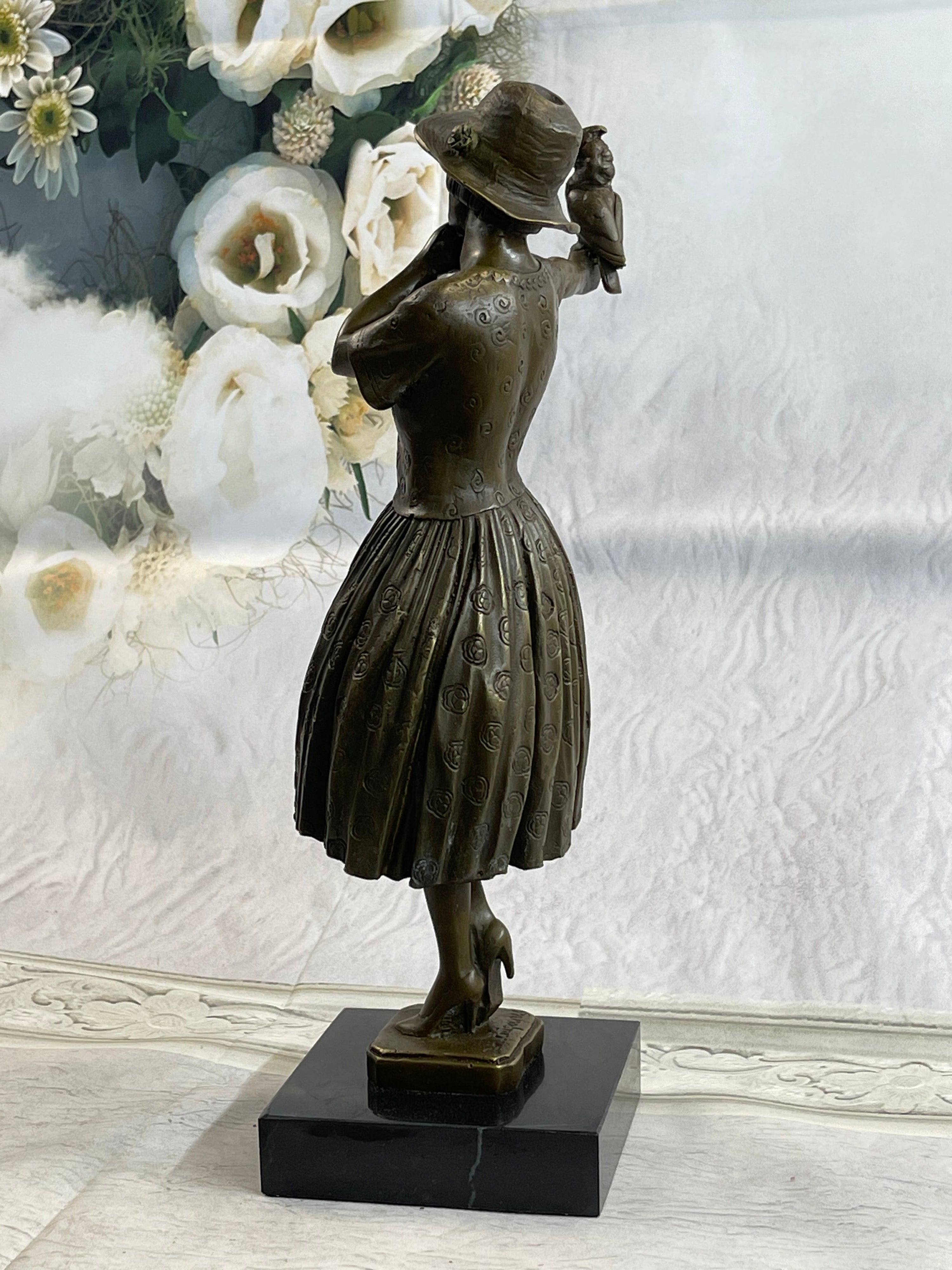 100% Solid Bronze Sculpture Lady with Bird Signed Real Art Hot Cast Figurine LRG