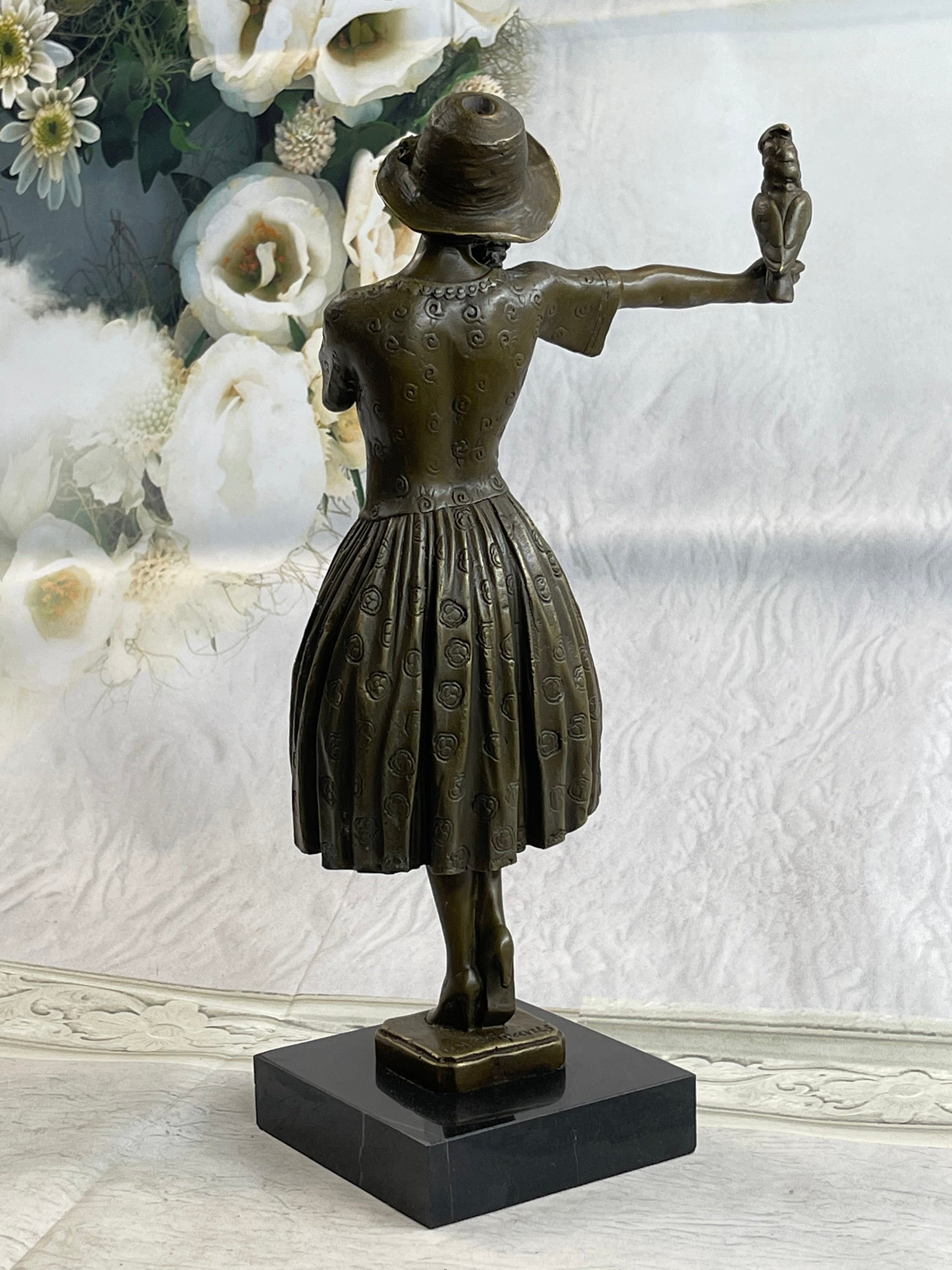 100% Solid Bronze Sculpture Lady with Bird Signed Real Art Hot Cast Figurine LRG