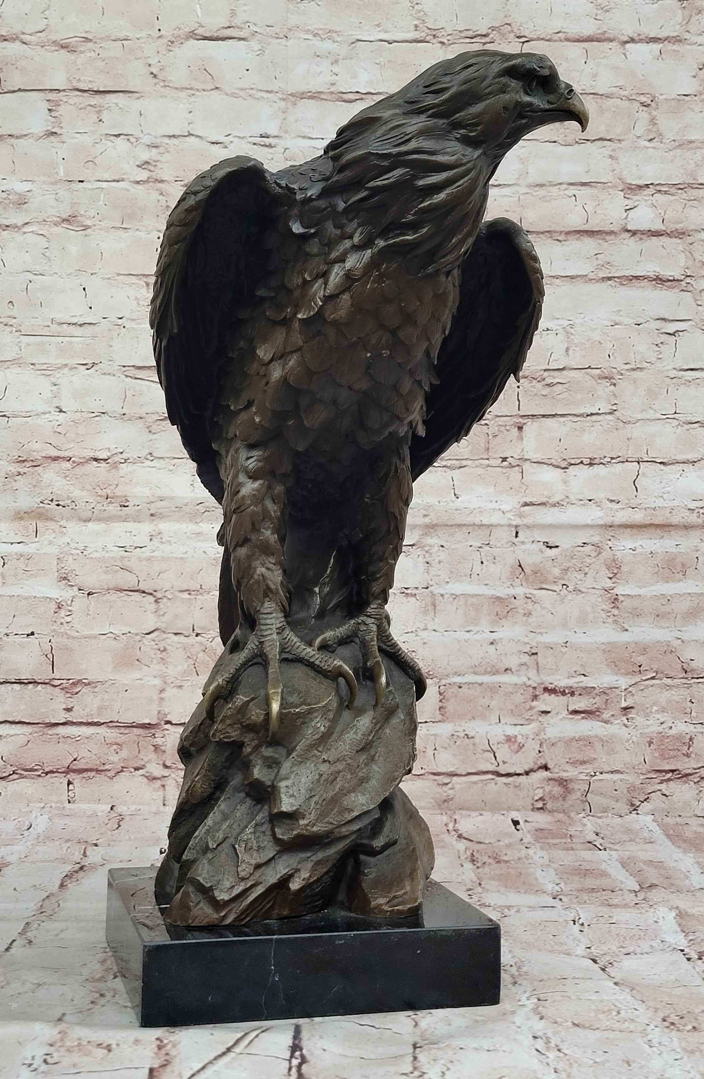 Majestic Bronze Metal Eagle Sculpture Bird on Rocky Base by Barye