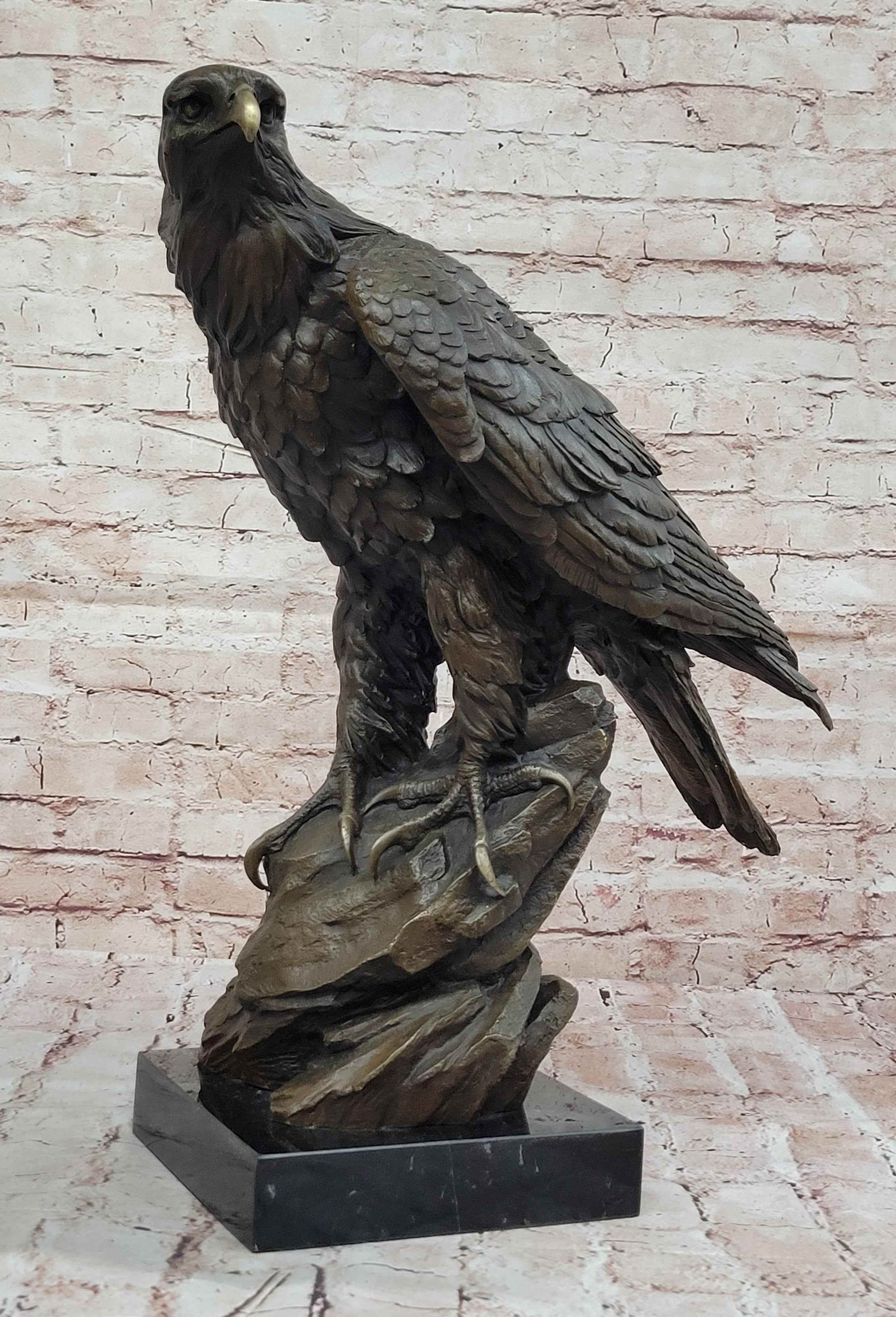 Majestic Bronze Metal Eagle Sculpture Bird on Rocky Base by Barye