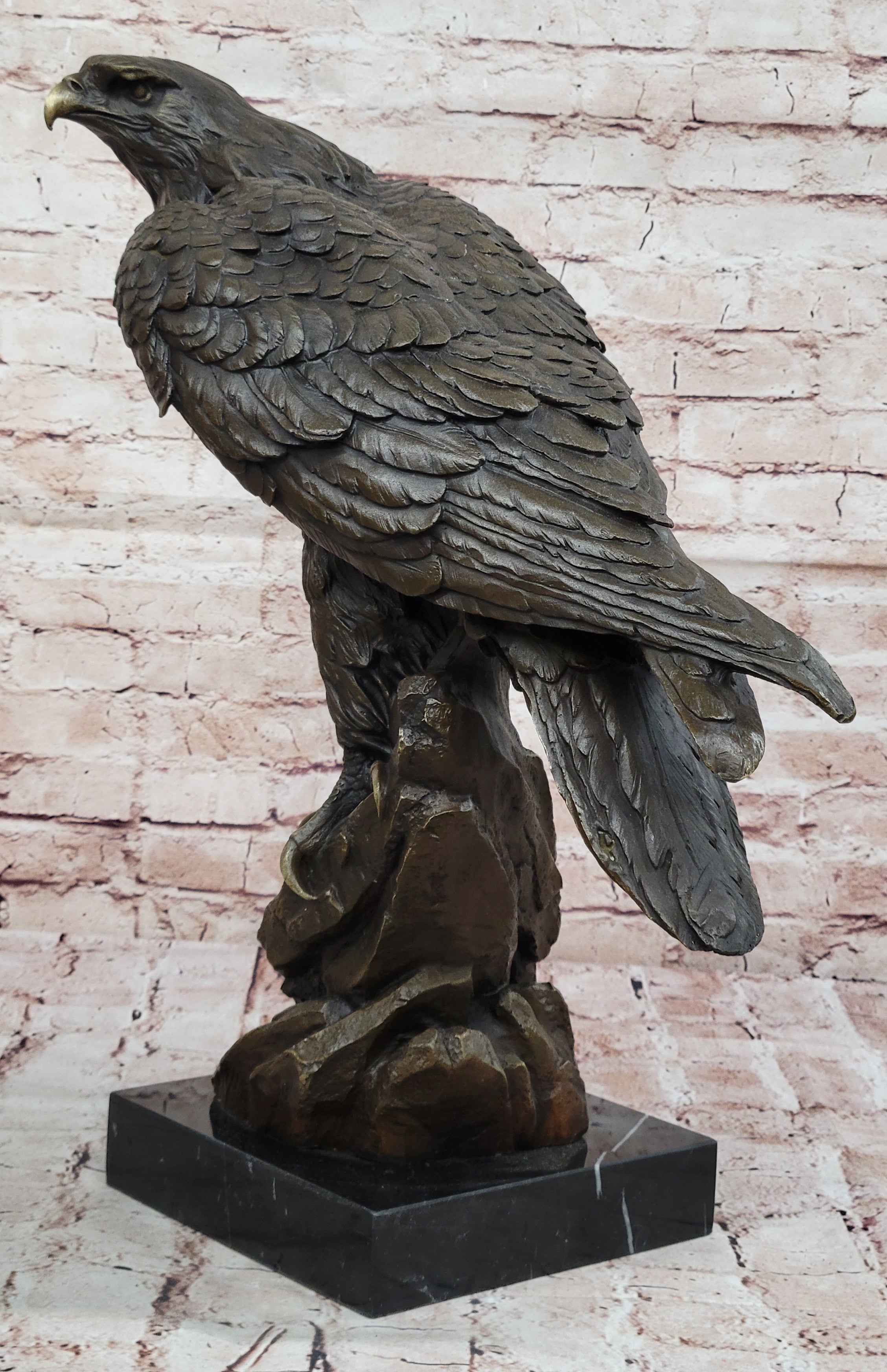 Majestic Bronze Metal Eagle Sculpture Bird on Rocky Base by Barye