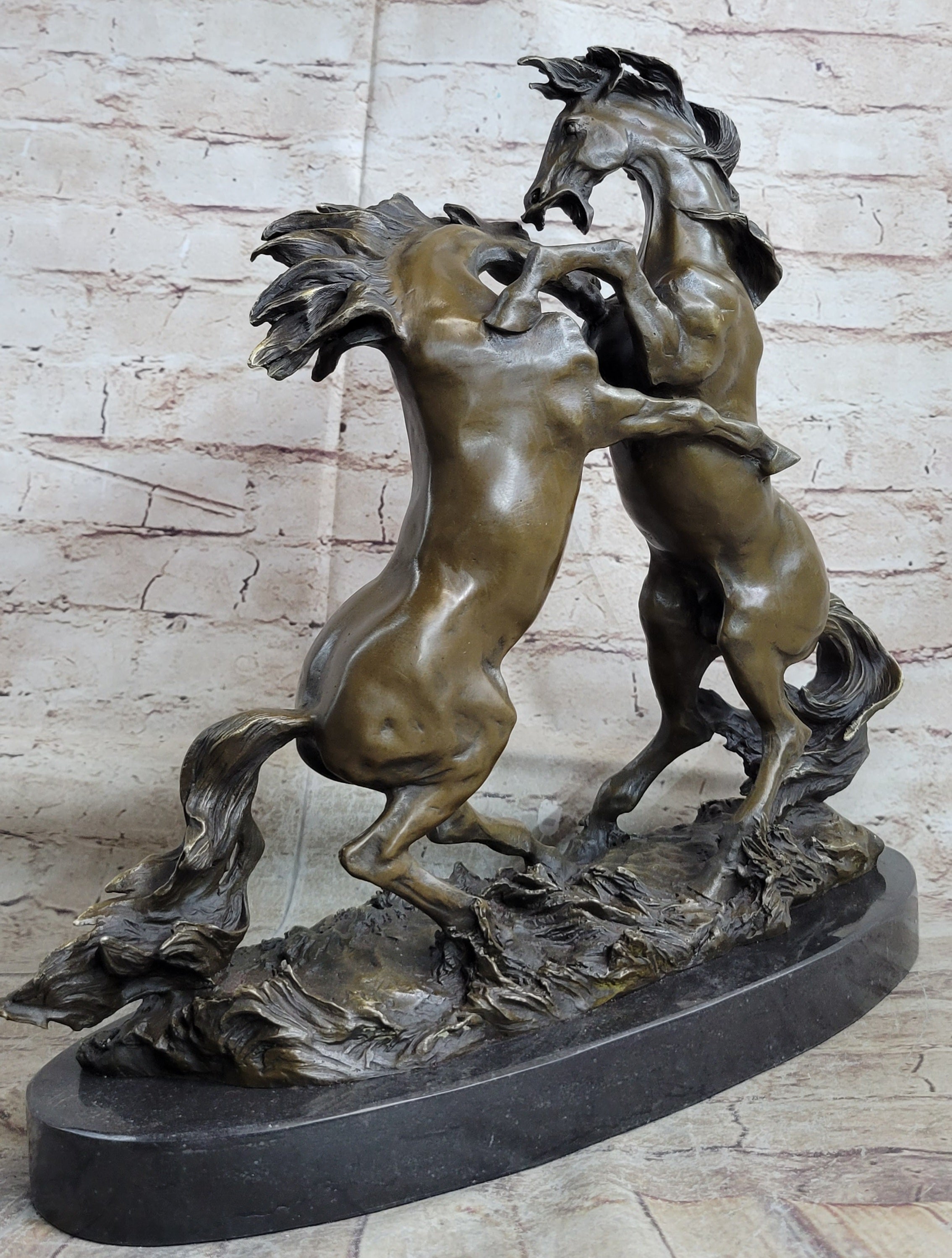 Dueling Stallion Horses Rearing Horse Bronze Statue Sculpture Decor Marble Base Original