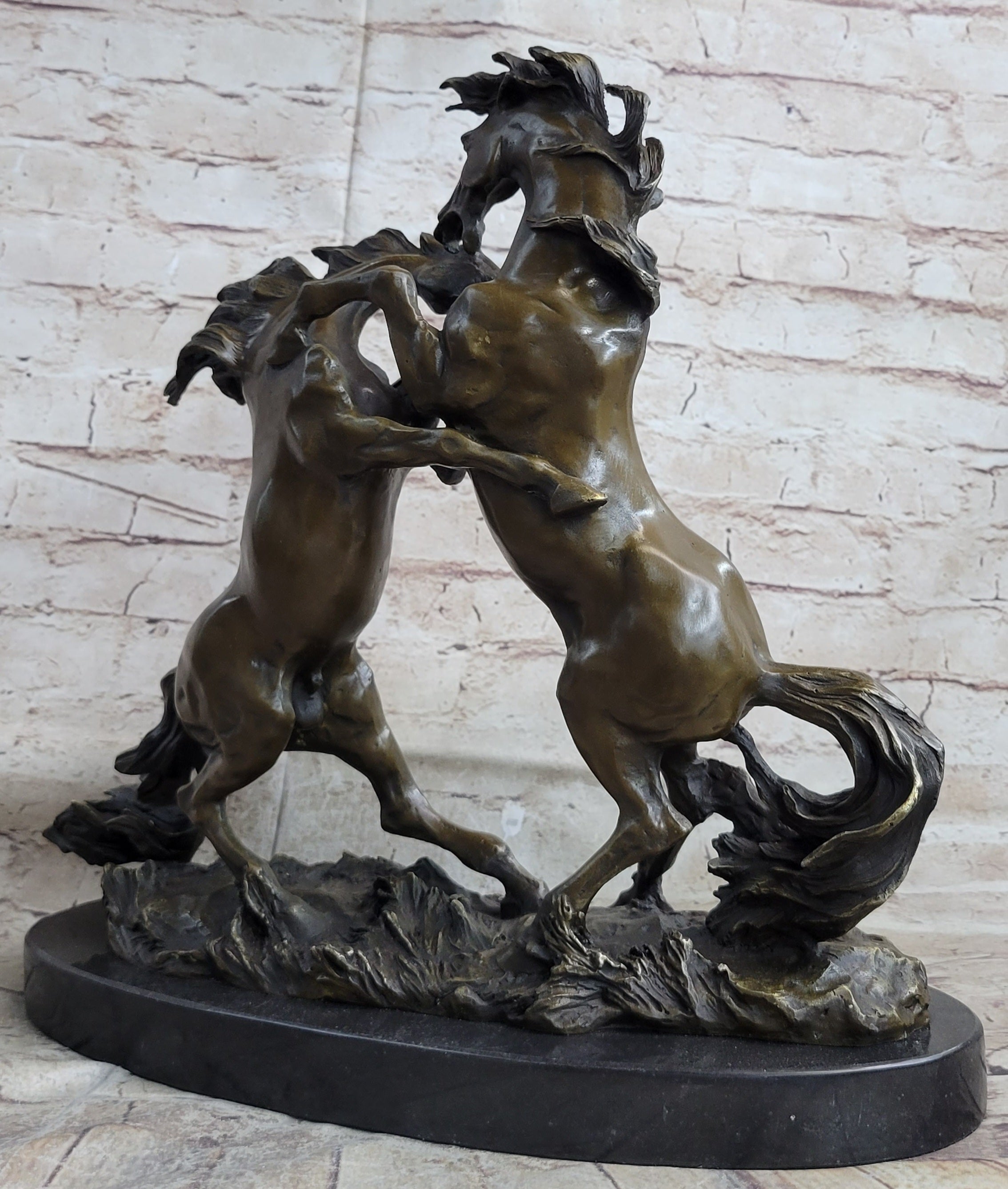 Dueling Stallion Horses Rearing Horse Bronze Statue Sculpture Decor Marble Base Original