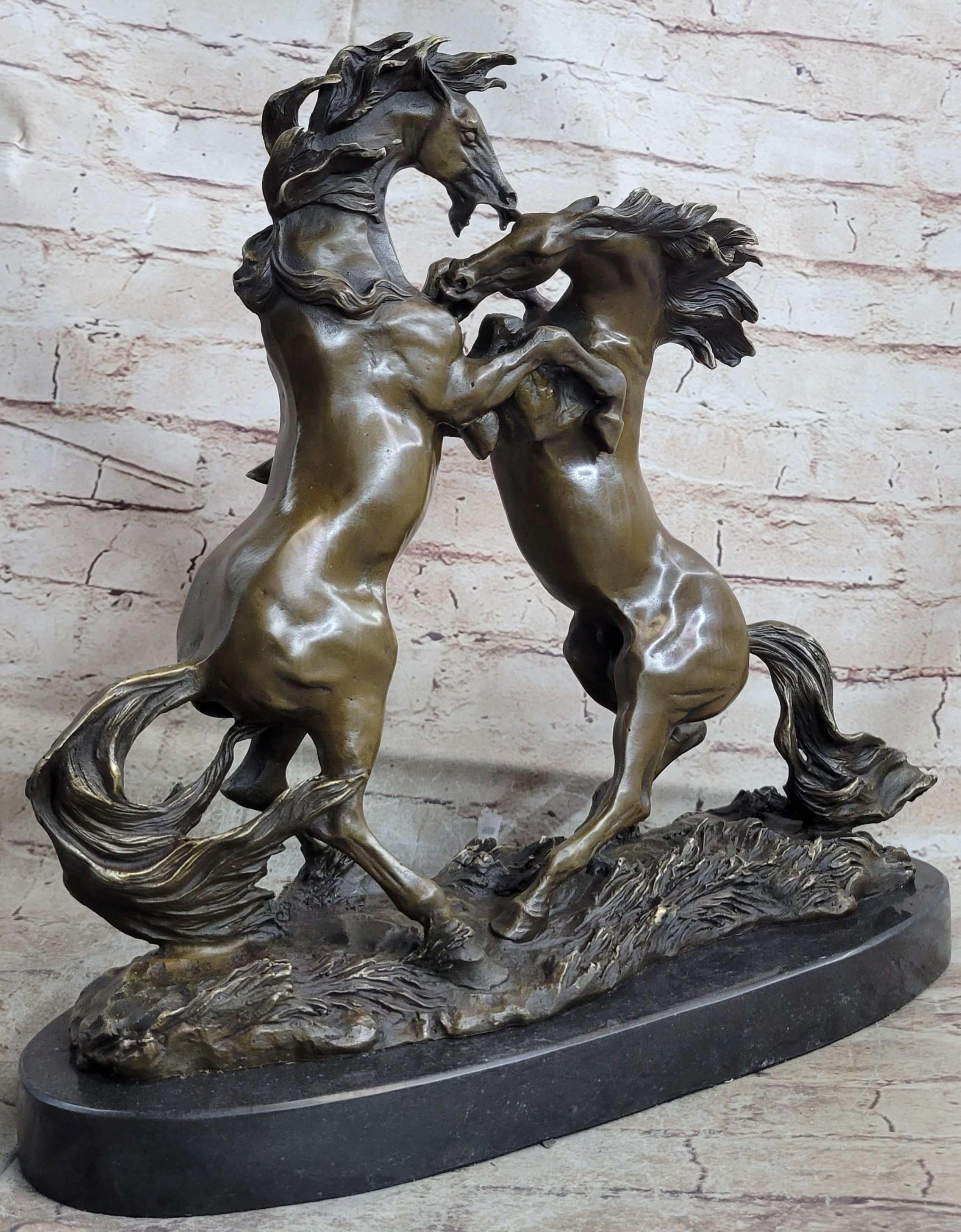 Dueling Stallion Horses Rearing Horse Bronze Statue Sculpture Decor Marble Base Original