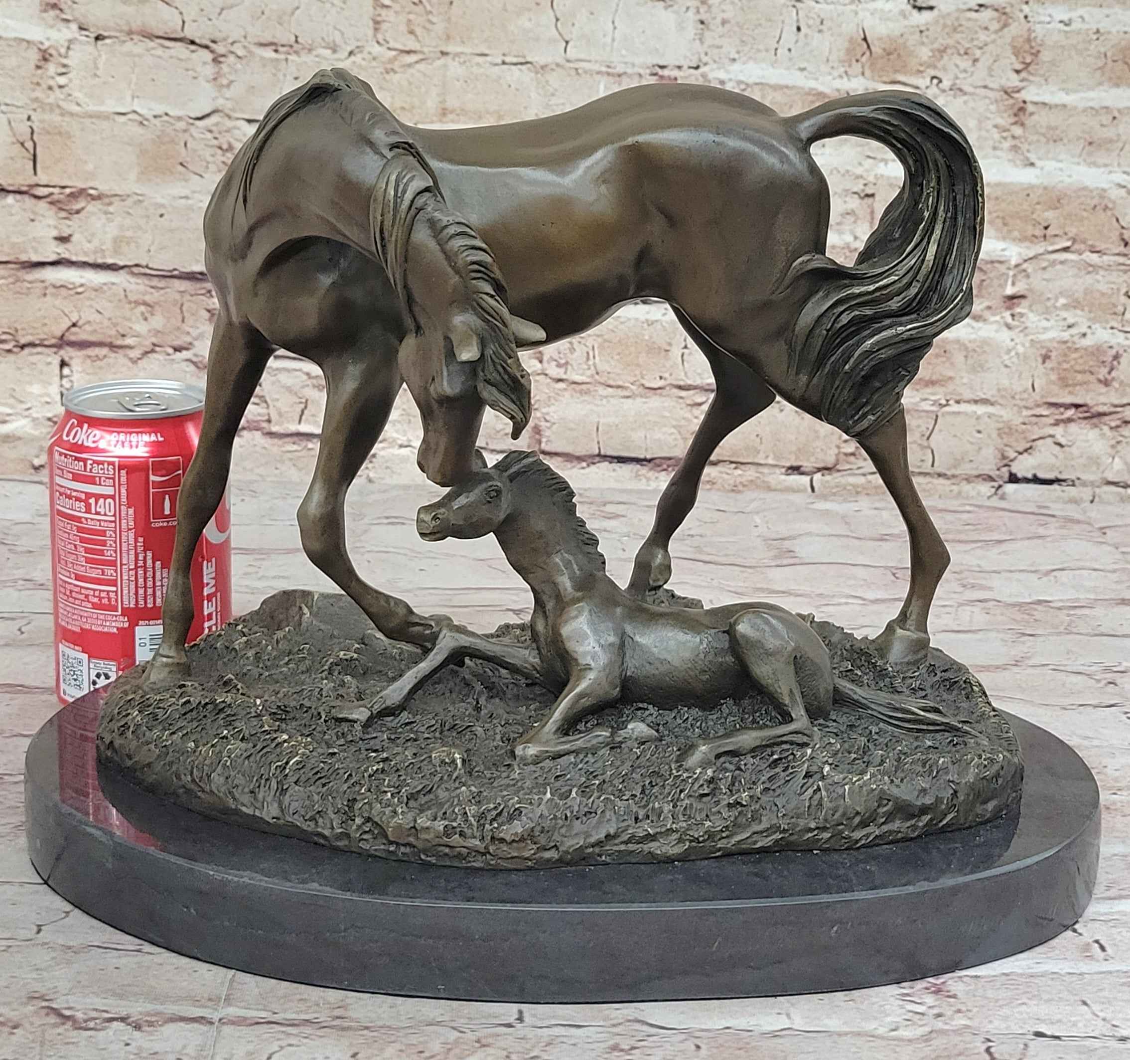 Horses Mare W/Foal Horse Bronze Sculpture Wild Farm Animal Marble Base
