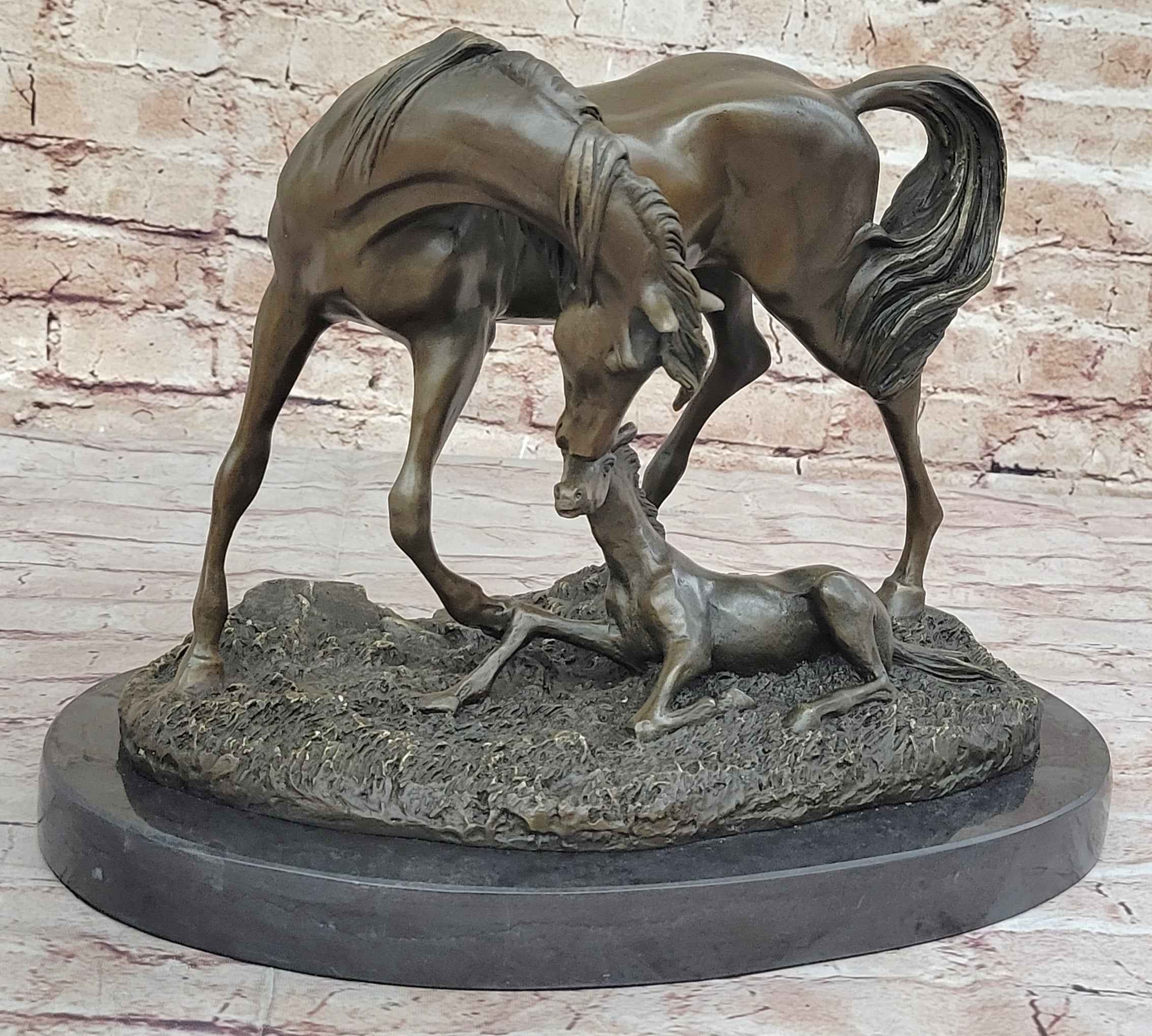 Horses Mare W/Foal Horse Bronze Sculpture Wild Farm Animal Marble Base