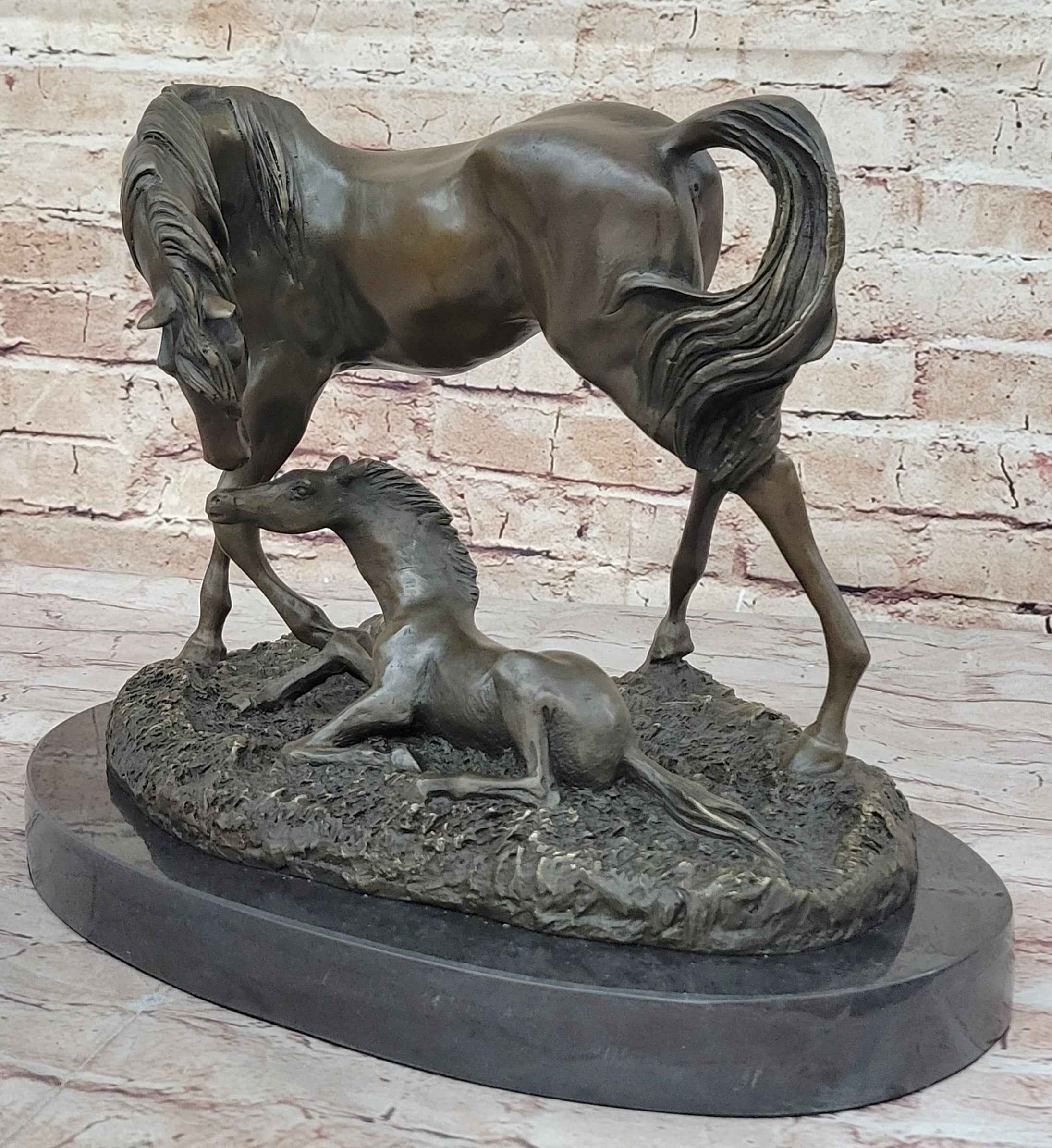Horses Mare W/Foal Horse Bronze Sculpture Wild Farm Animal Marble Base