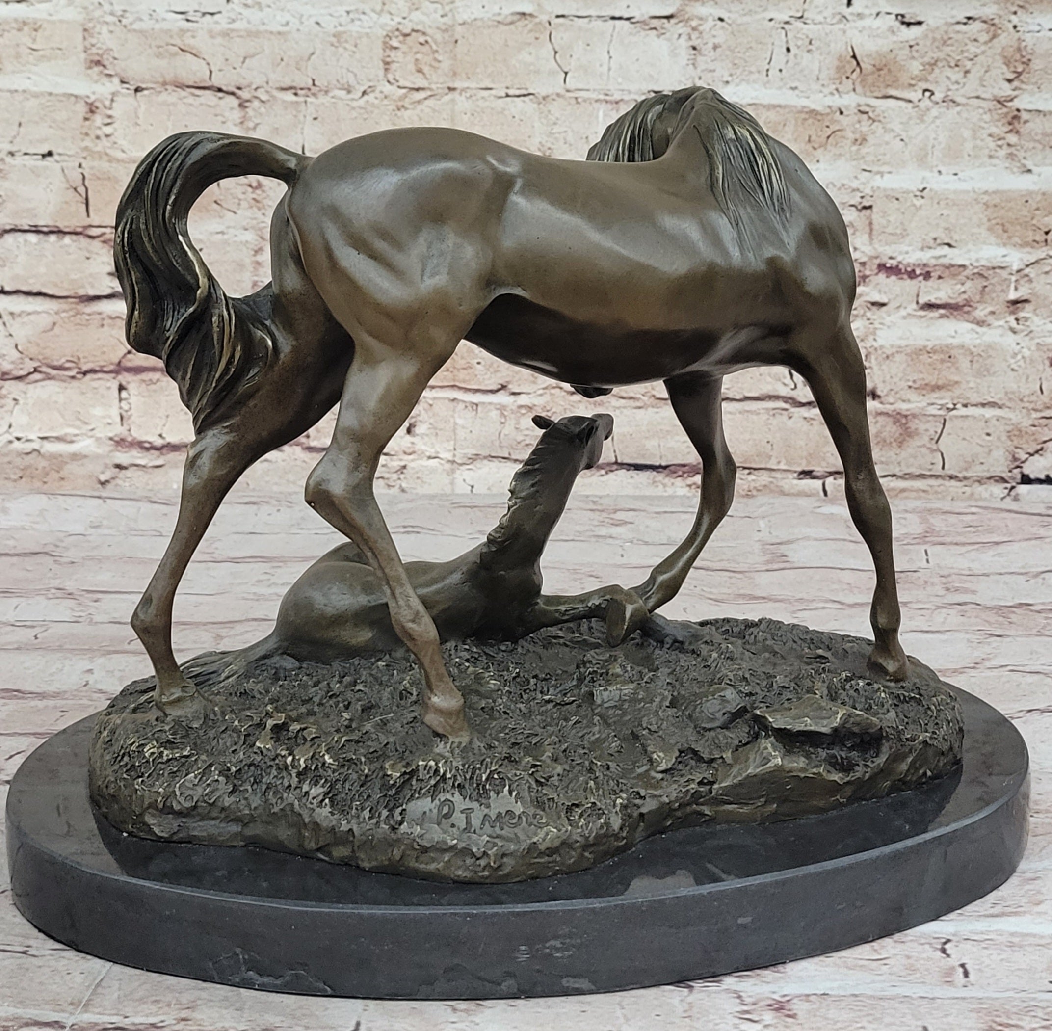 Horses Mare W/Foal Horse Bronze Sculpture Wild Farm Animal Marble Base