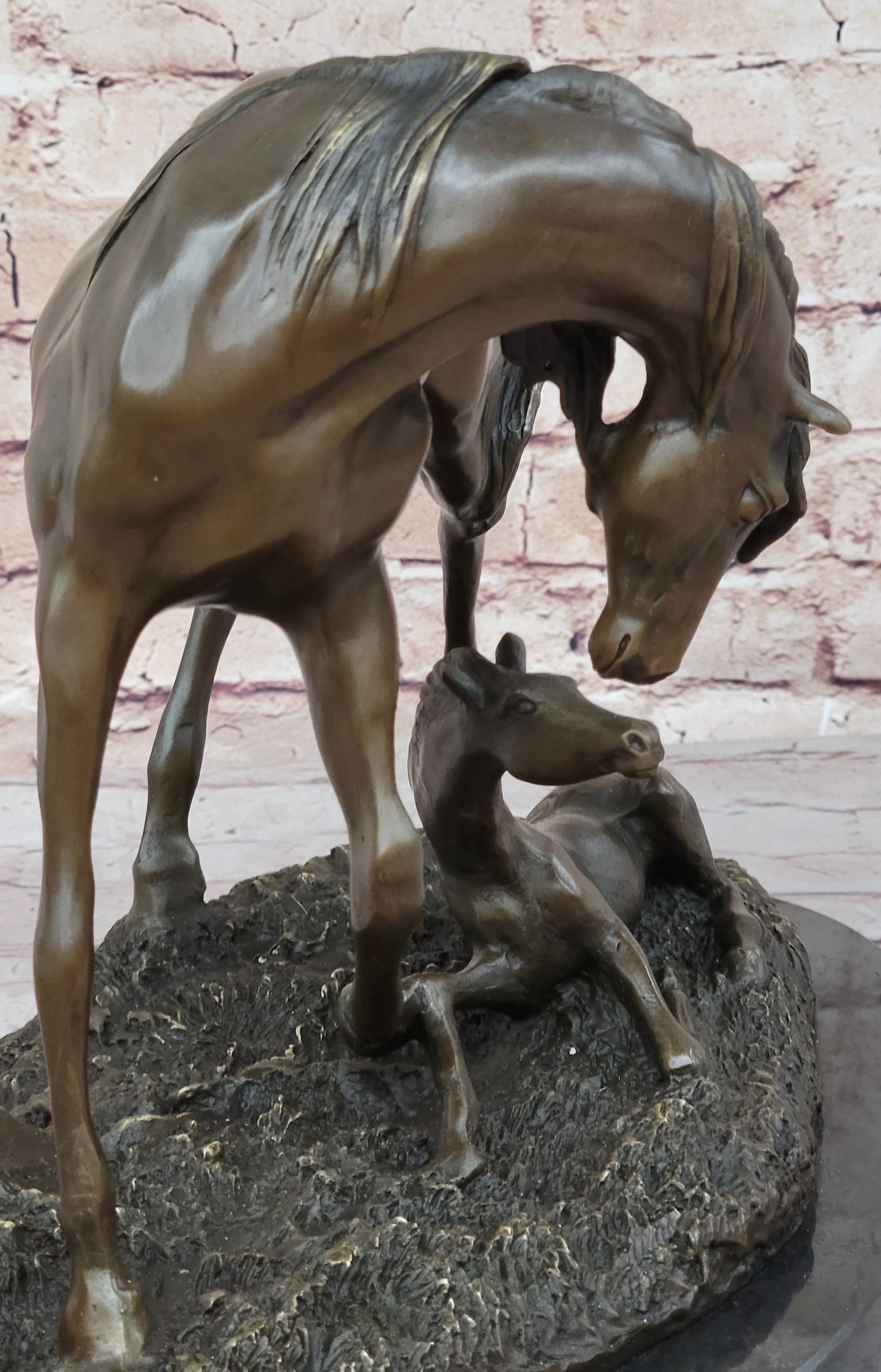 Horses Mare W/Foal Horse Bronze Sculpture Wild Farm Animal Marble Base