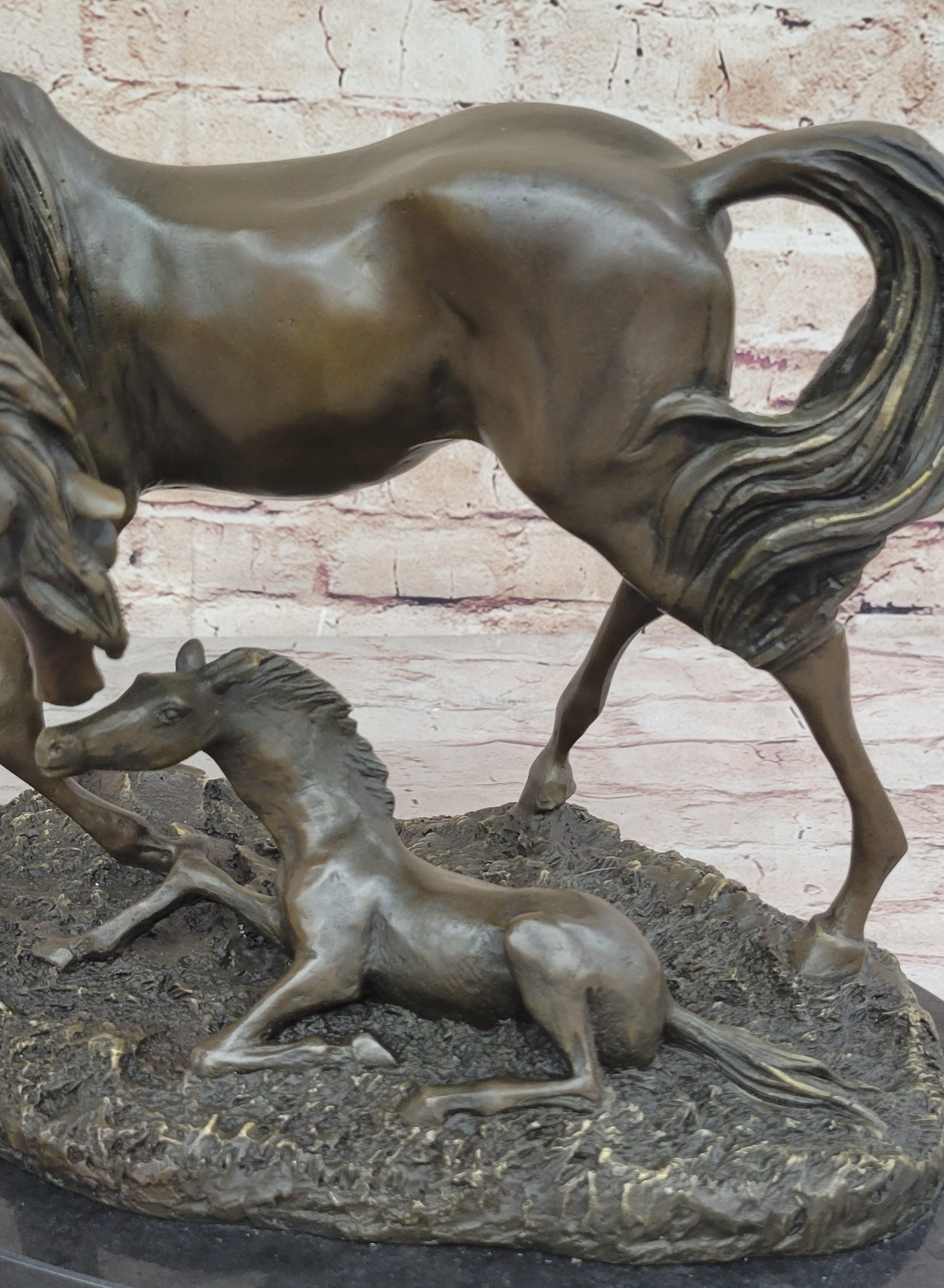 Horses Mare W/Foal Horse Bronze Sculpture Wild Farm Animal Marble Base
