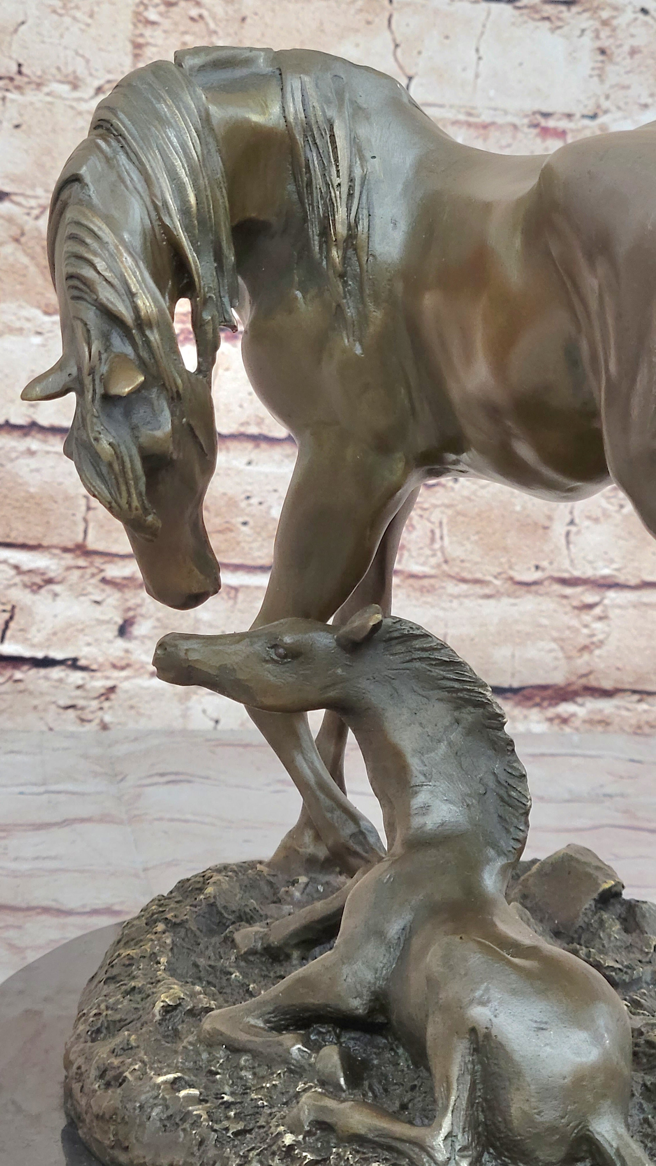 Horses Mare W/Foal Horse Bronze Sculpture Wild Farm Animal Marble Base