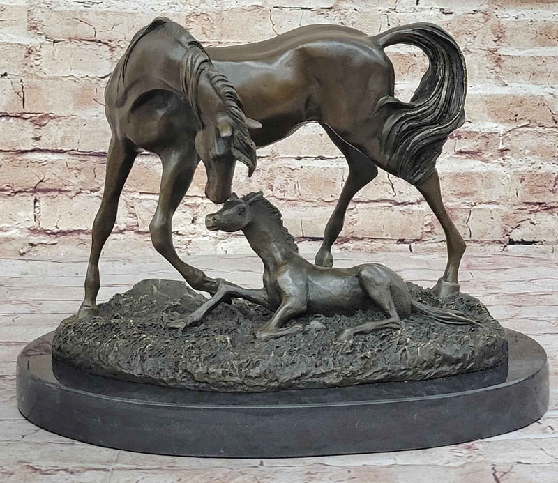 Horses Mare W/Foal Horse Bronze Sculpture Wild Farm Animal Marble Base