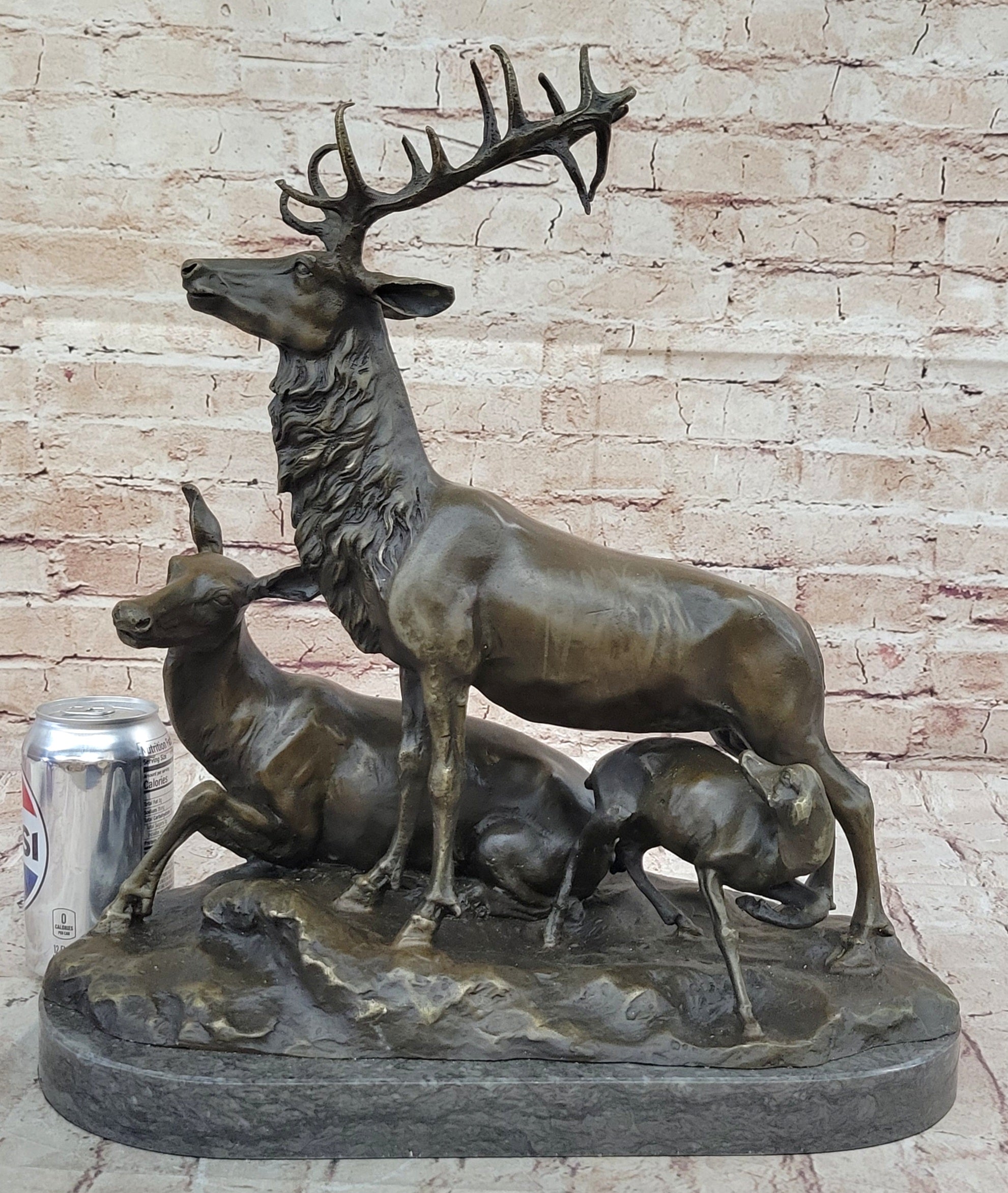 Bronze Sculpture Deer Fawn Stag Buck Family Home Decor Marble Figure Statue