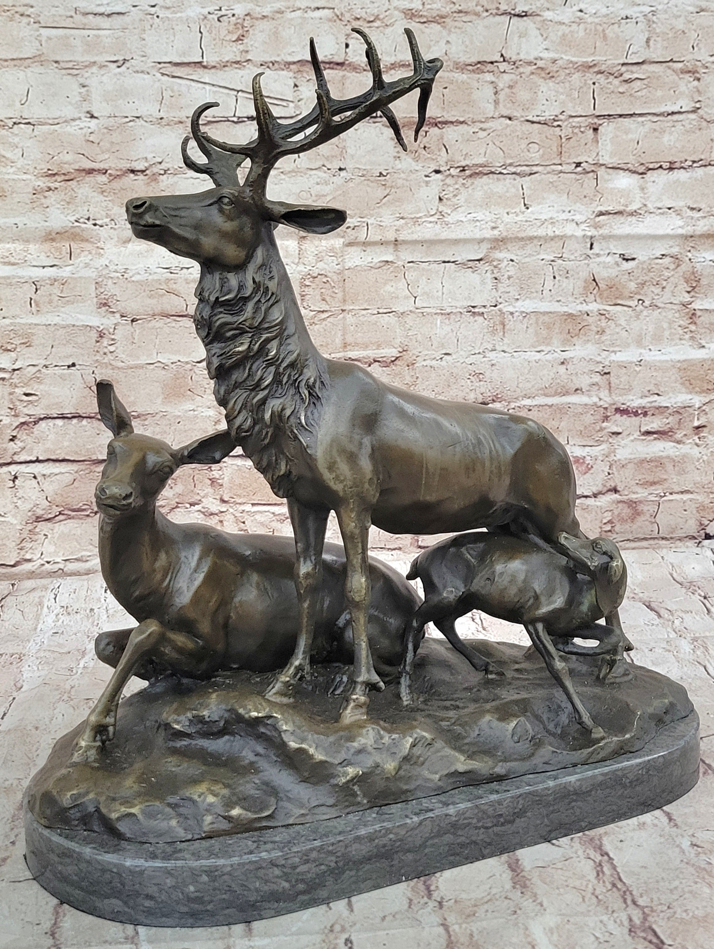 Bronze Sculpture Deer Fawn Stag Buck Family Home Decor Marble Figure Statue