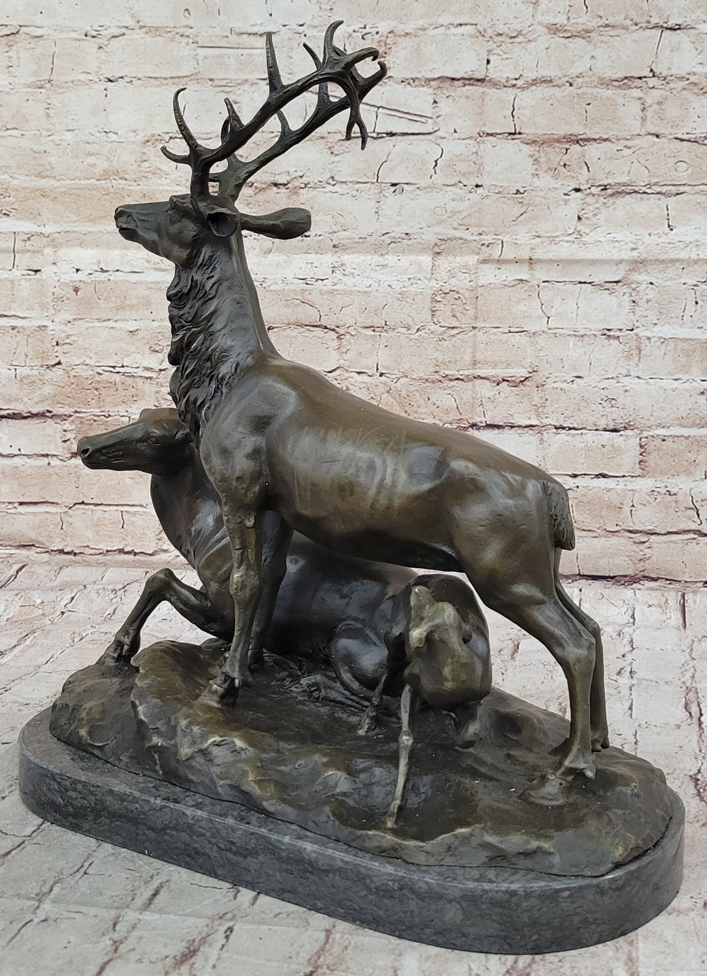 Bronze Sculpture Deer Fawn Stag Buck Family Home Decor Marble Figure Statue