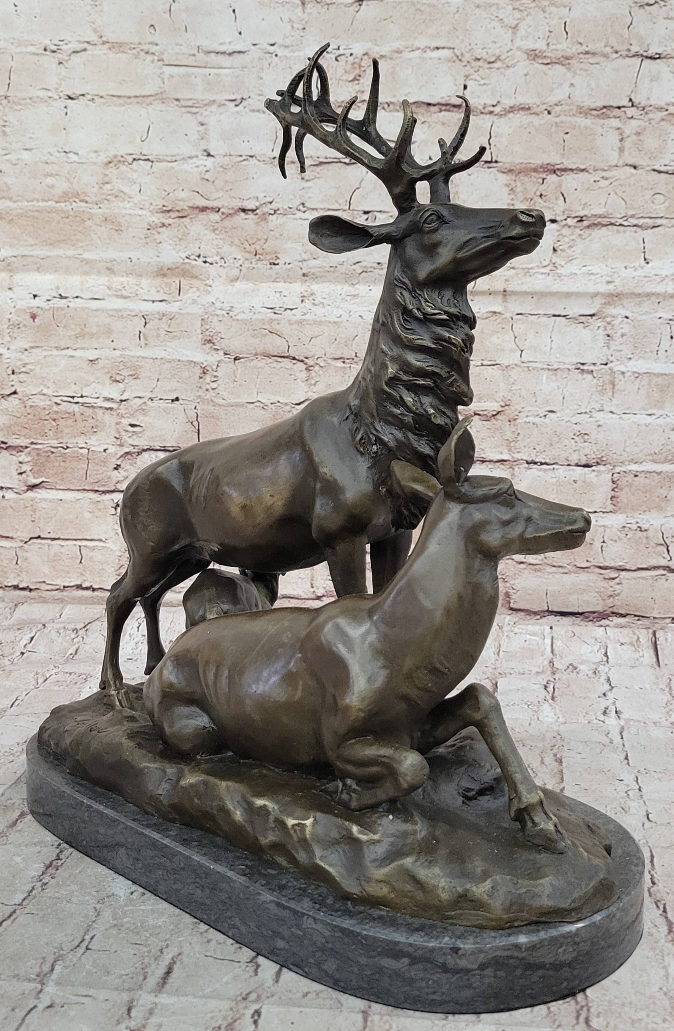 Bronze Sculpture Deer Fawn Stag Buck Family Home Decor Marble Figure Statue