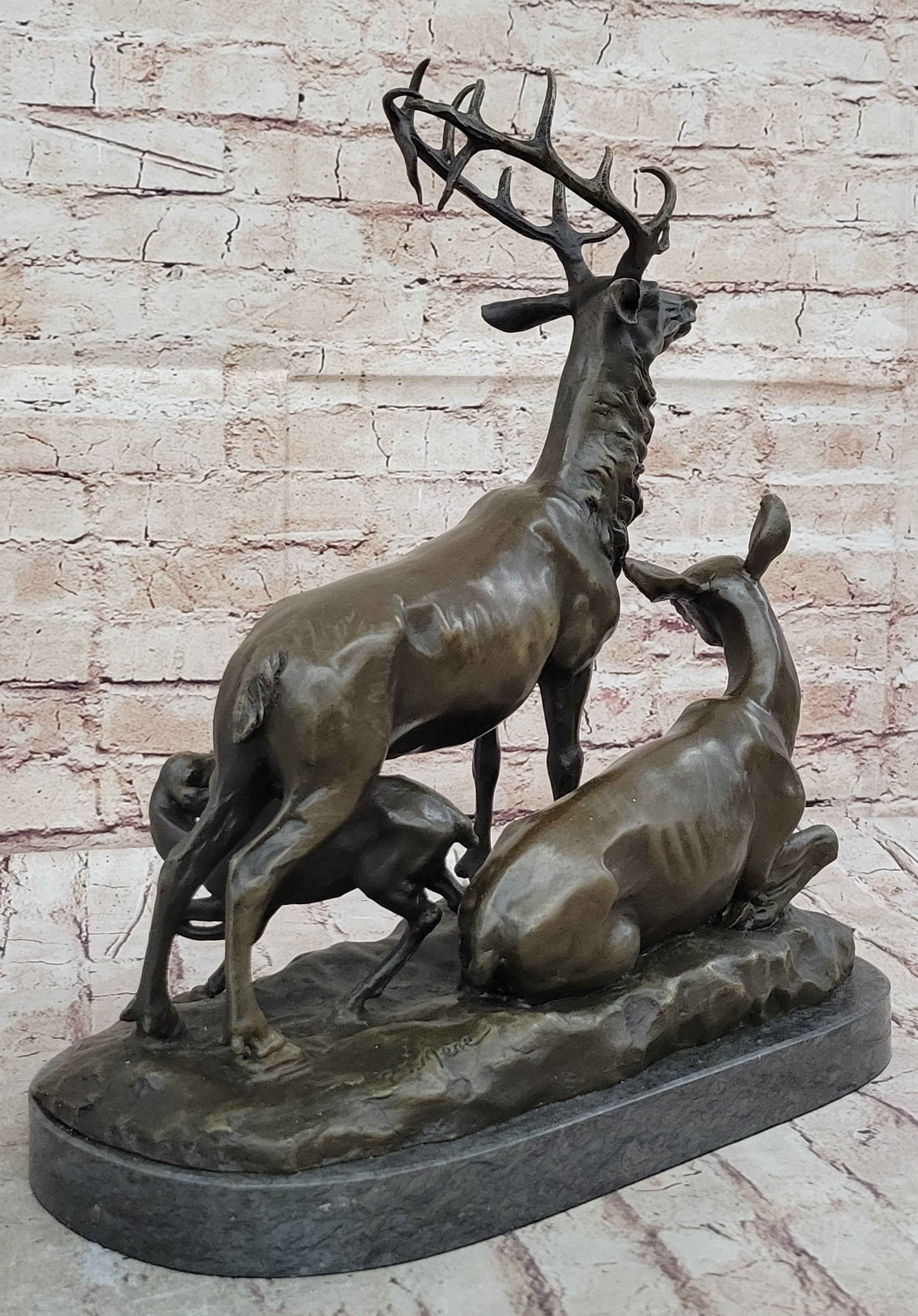 Bronze Sculpture Deer Fawn Stag Buck Family Home Decor Marble Figure Statue