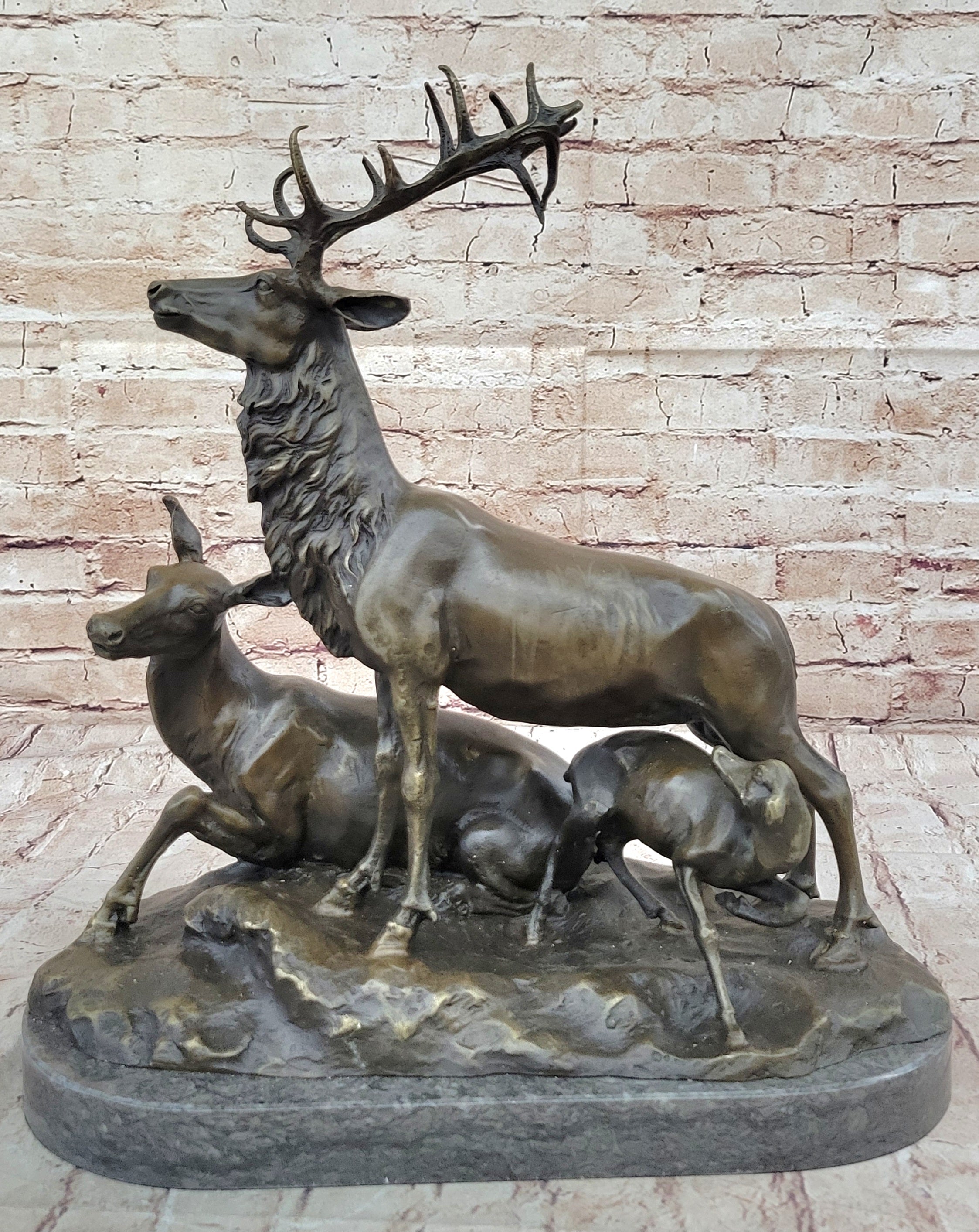 Bronze Sculpture Deer Fawn Stag Buck Family Home Decor Marble Figure Statue