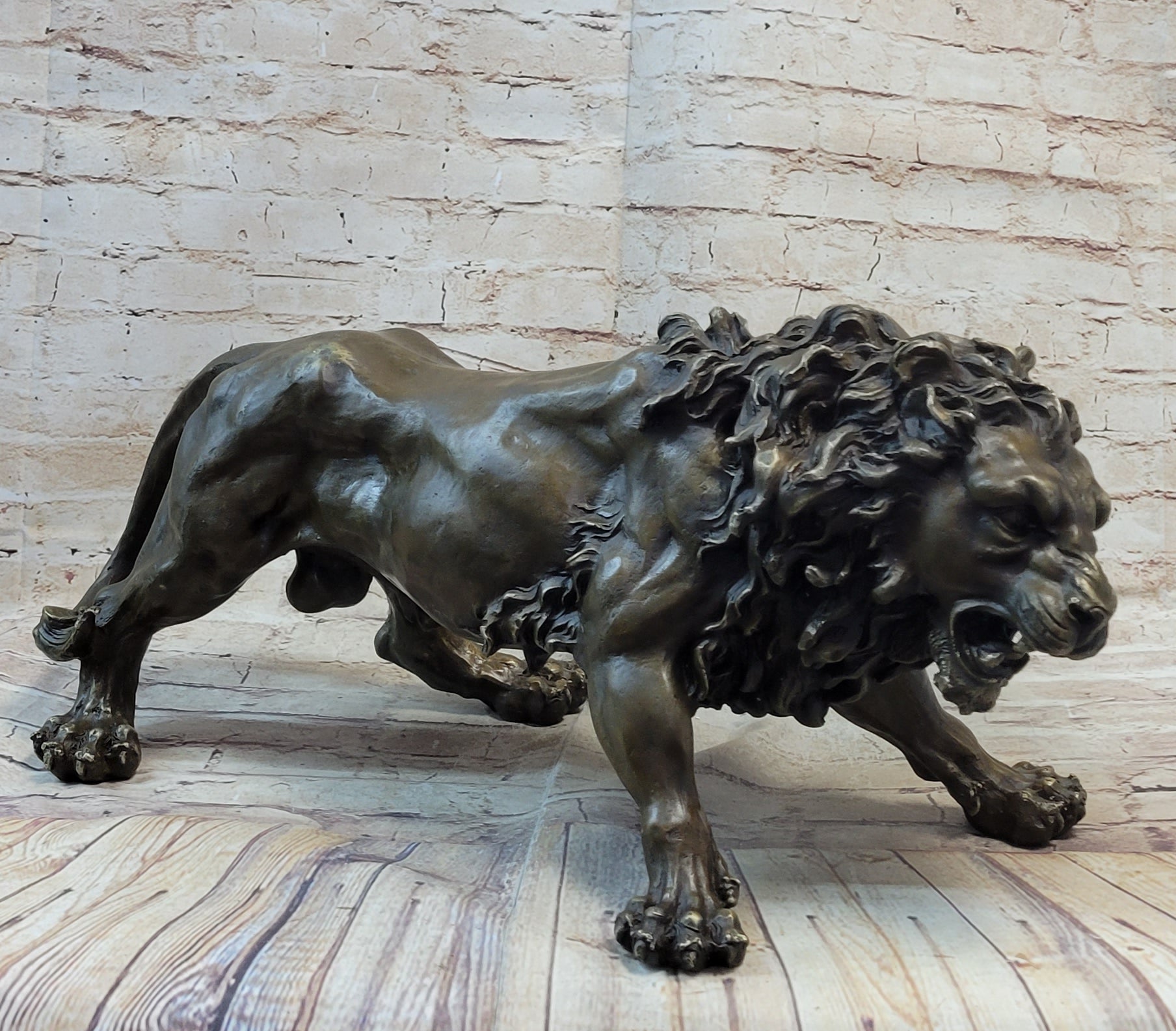 Roaring Guardian Lion Bronze Metal Figurine Sculpture Statue Signed Art Decor