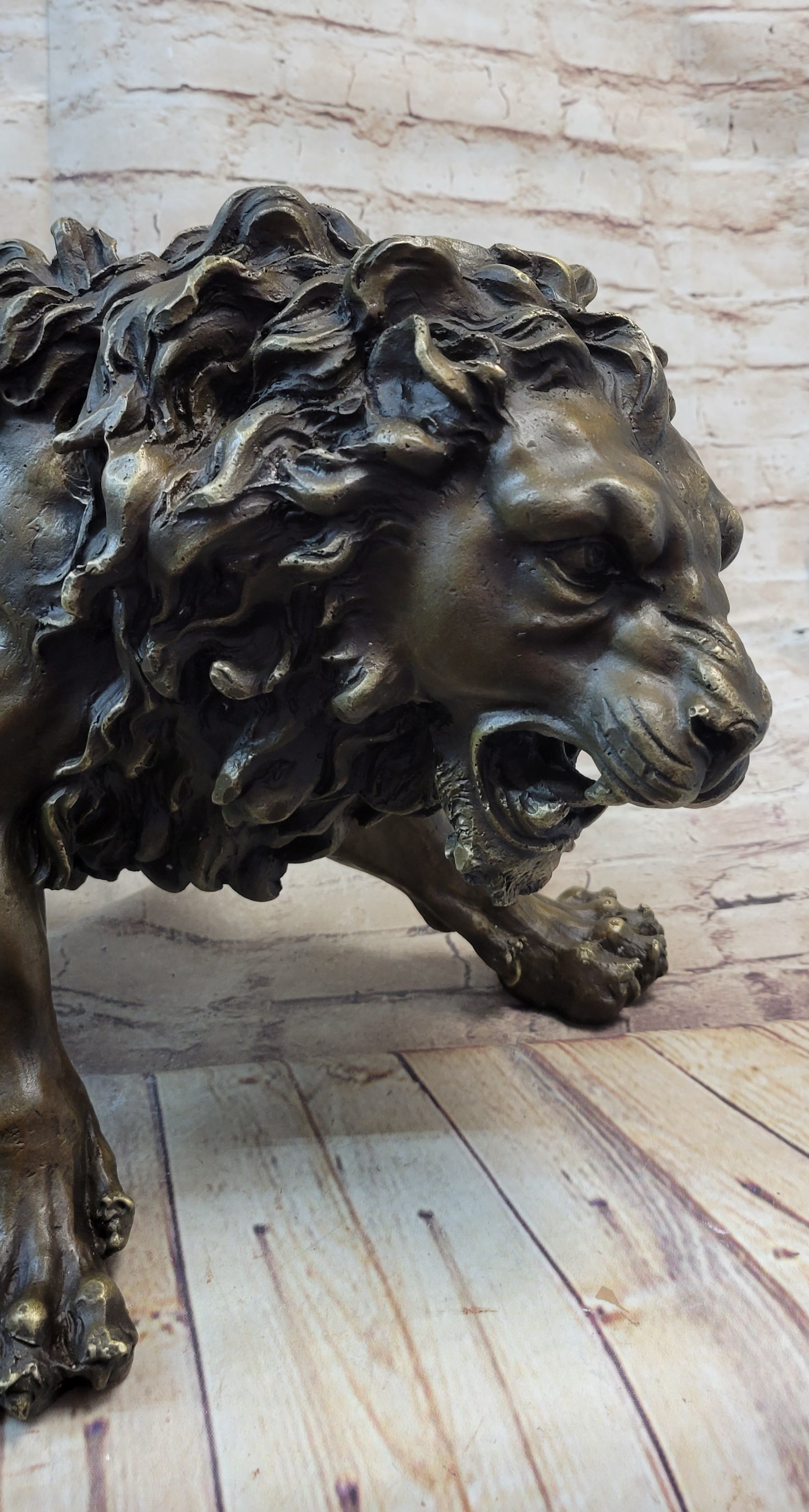 Roaring Guardian Lion Bronze Metal Figurine Sculpture Statue Signed Art Decor