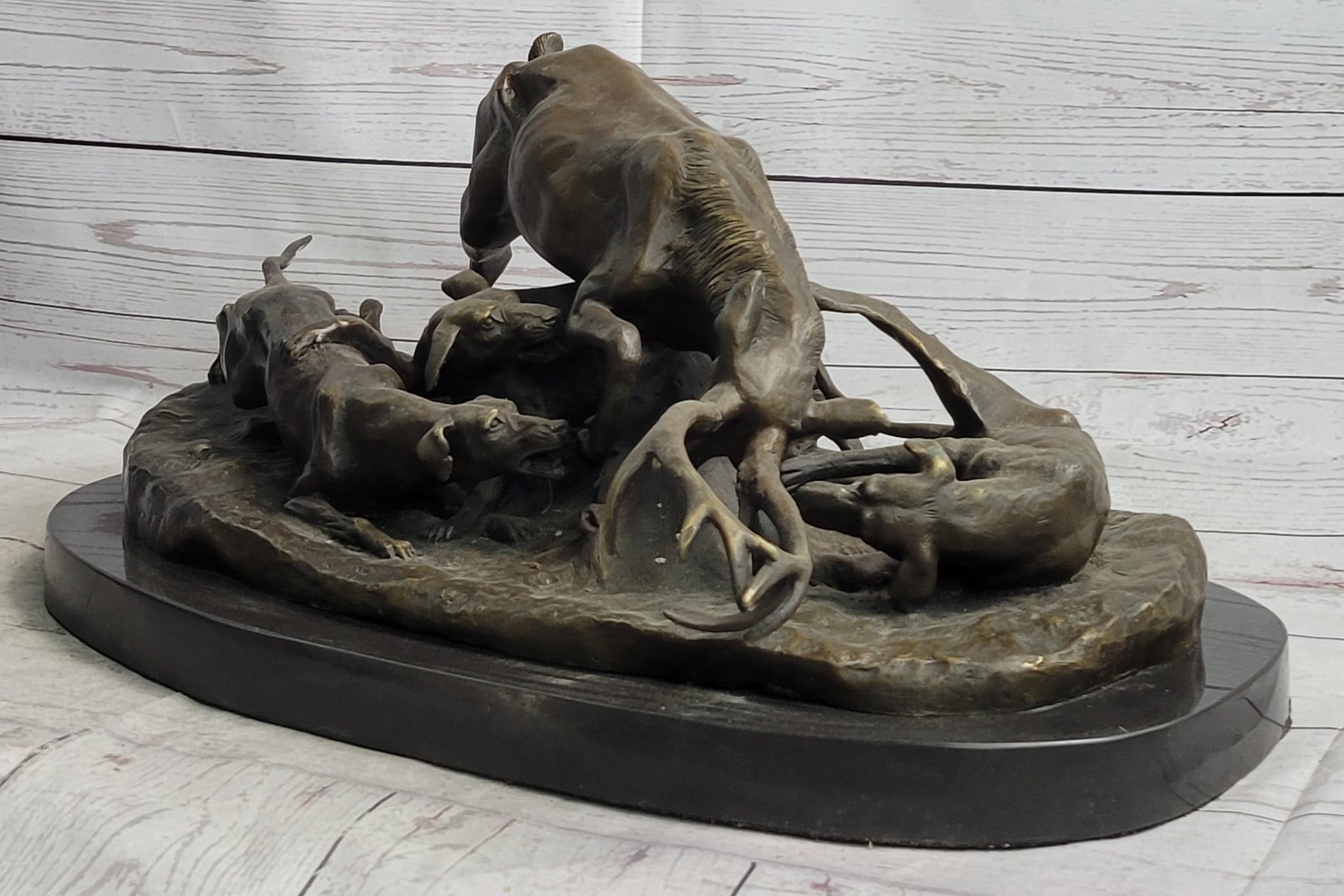 Elk Stag is Attacked by Pack of Wild Dogs Bronze Sculpture Statue Antoine Barye Art Decor