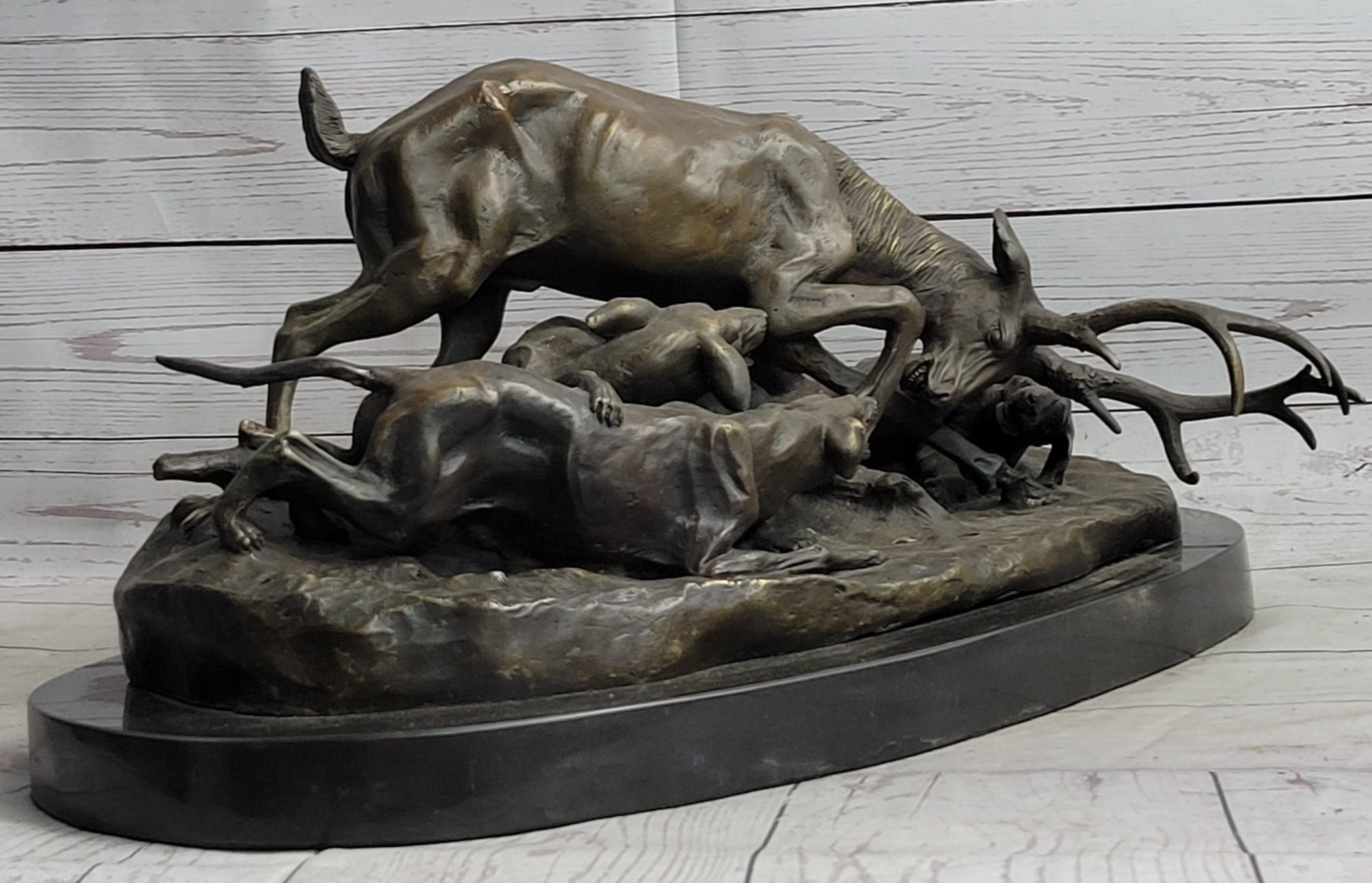 Elk Stag is Attacked by Pack of Wild Dogs Bronze Sculpture Statue Antoine Barye Art Decor