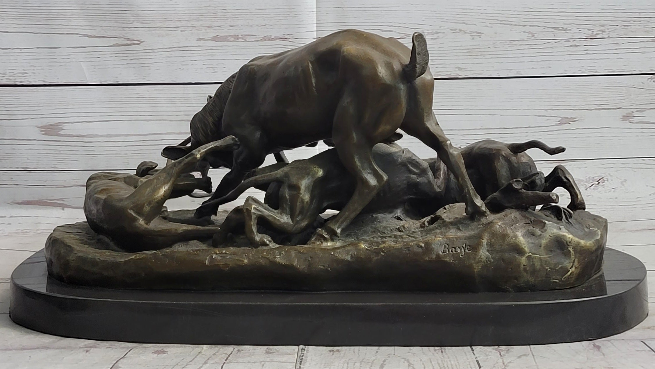 Elk Stag is Attacked by Pack of Wild Dogs Bronze Sculpture Statue Antoine Barye Art Decor
