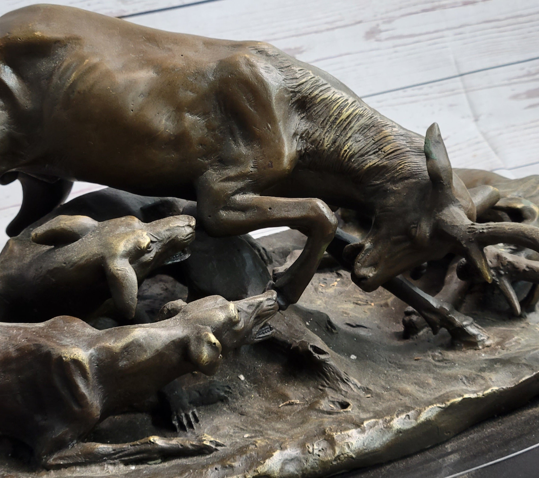 Elk Stag is Attacked by Pack of Wild Dogs Bronze Sculpture Statue Antoine Barye Art Decor