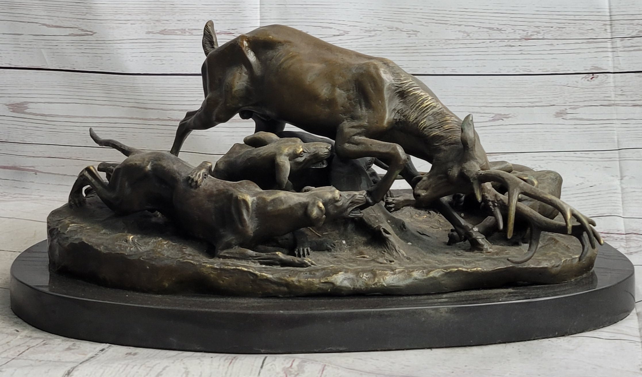 Elk Stag is Attacked by Pack of Wild Dogs Bronze Sculpture Statue Antoine Barye Art Decor