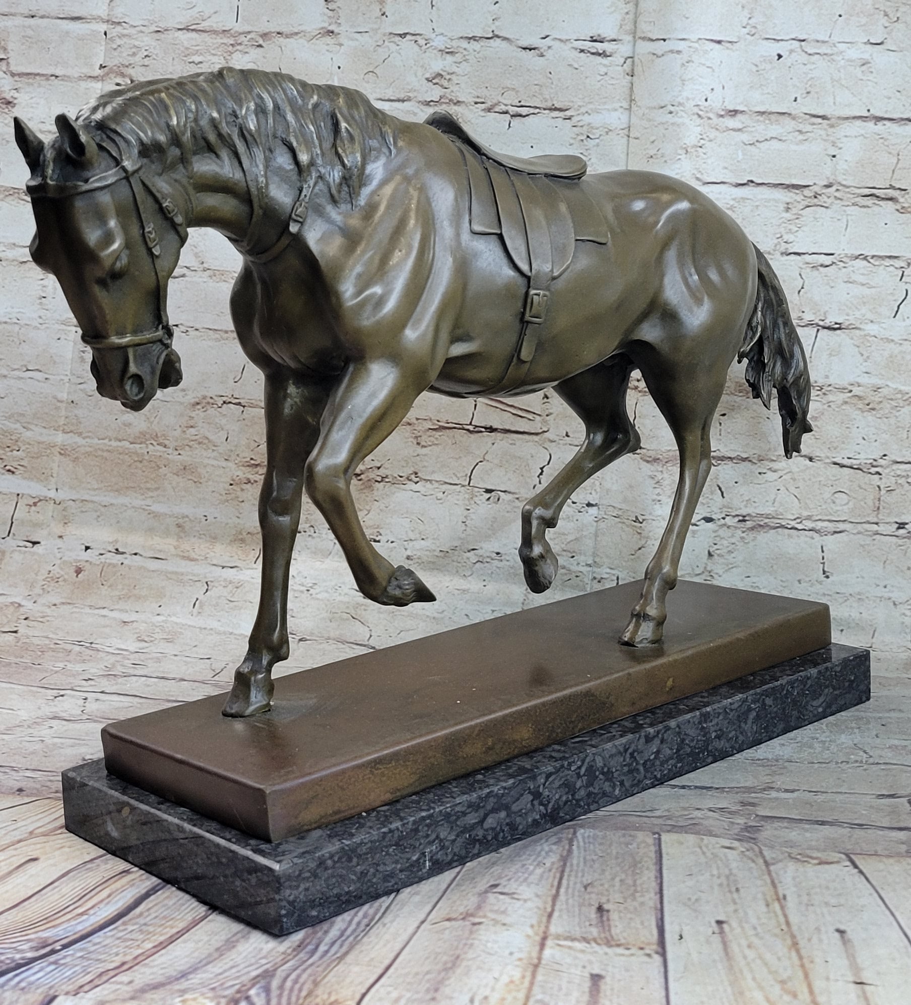 Extra Large Original Bronze Sculpture Horse Trots Stallion Marble Base Figurine
