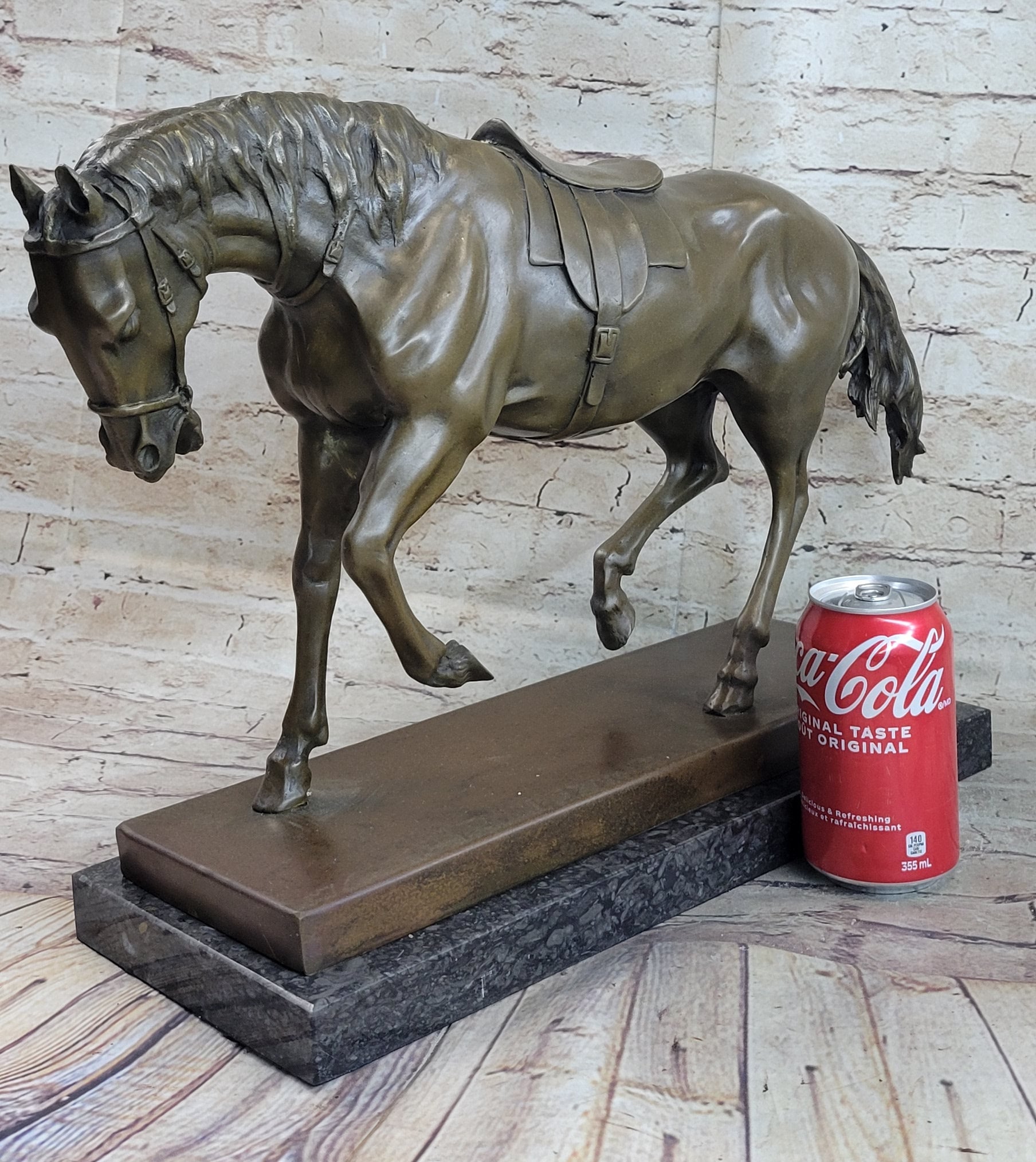 Extra Large Original Bronze Sculpture Horse Trots Stallion Marble Base Figurine