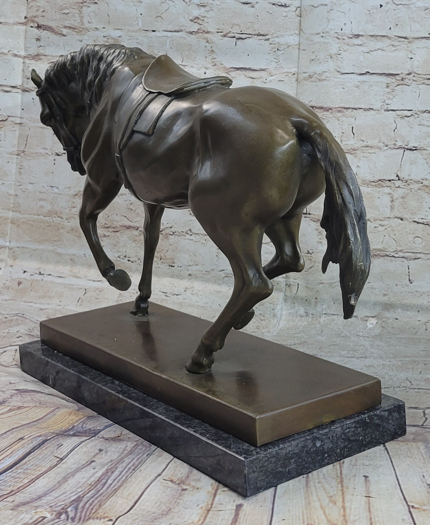 Extra Large Original Bronze Sculpture Horse Trots Stallion Marble Base Figurine
