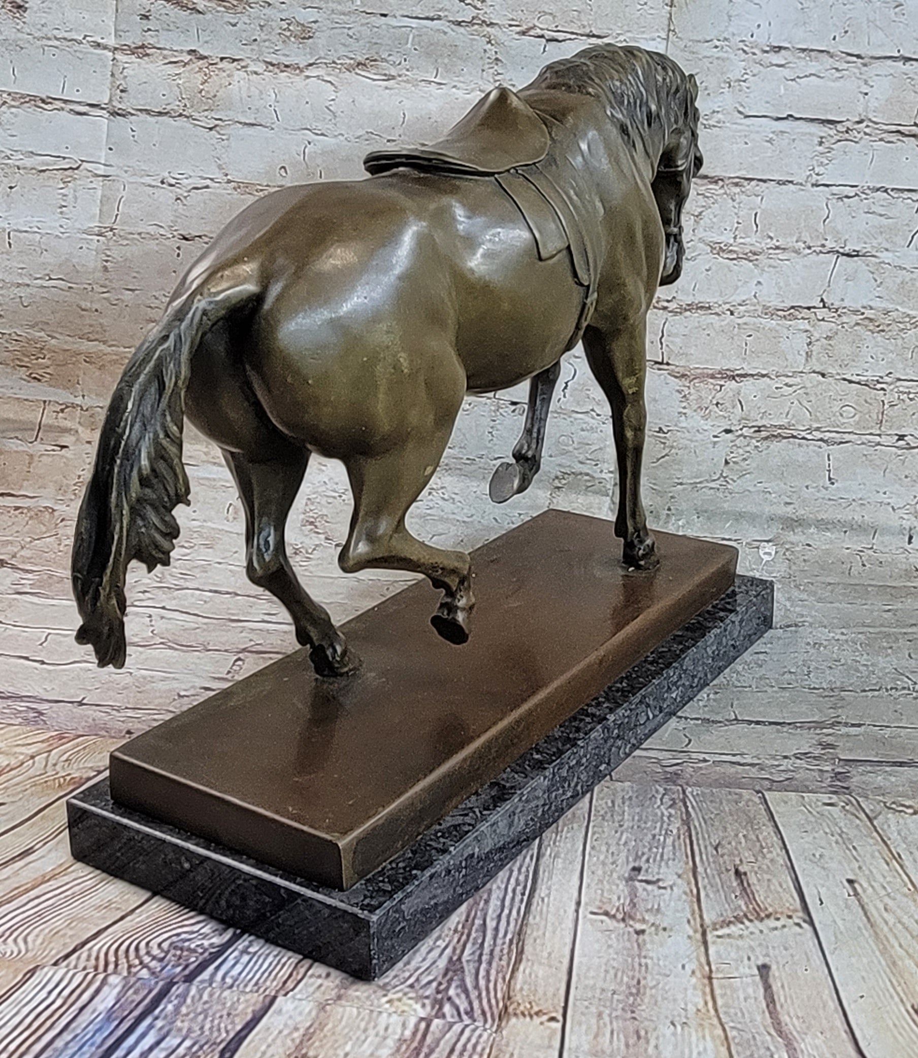 Extra Large Original Bronze Sculpture Horse Trots Stallion Marble Base Figurine